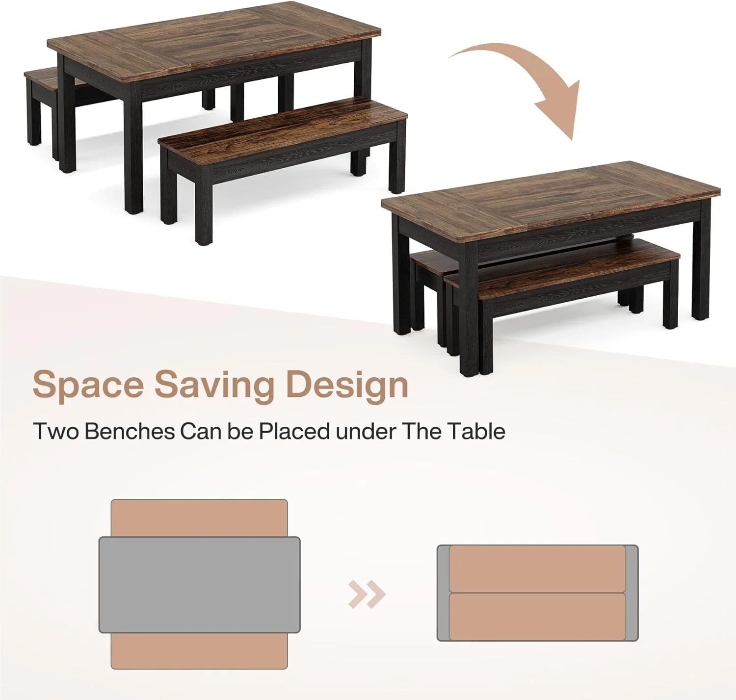 55" Farmhouse Kitchen Table Set for 4–6 People, 3 Piece Space Saving Dining Table with 2 Benches - Image 10
