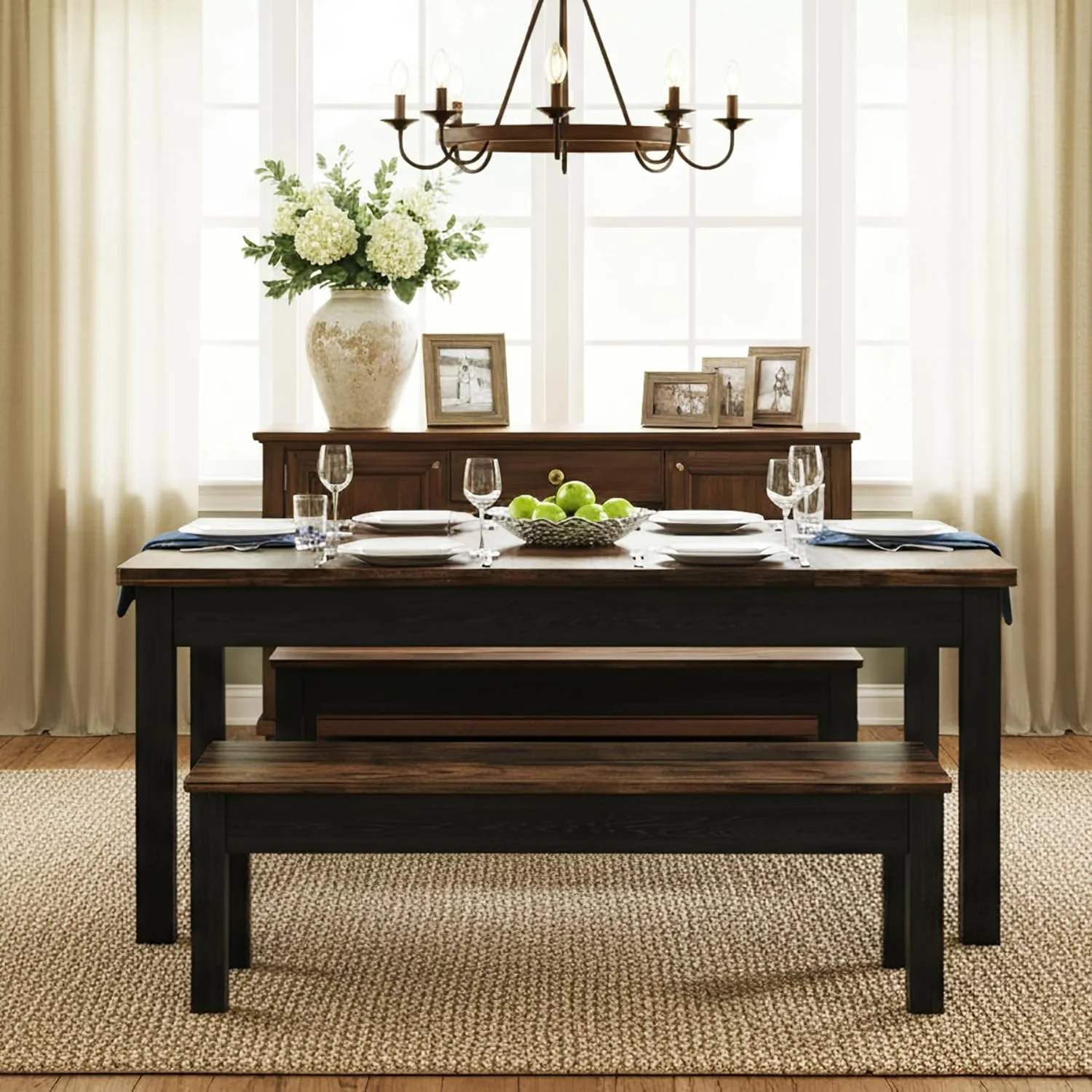 55" Farmhouse Kitchen Table Set for 4–6 People, 3 Piece Space Saving Dining Table with 2 Benches - Image 11