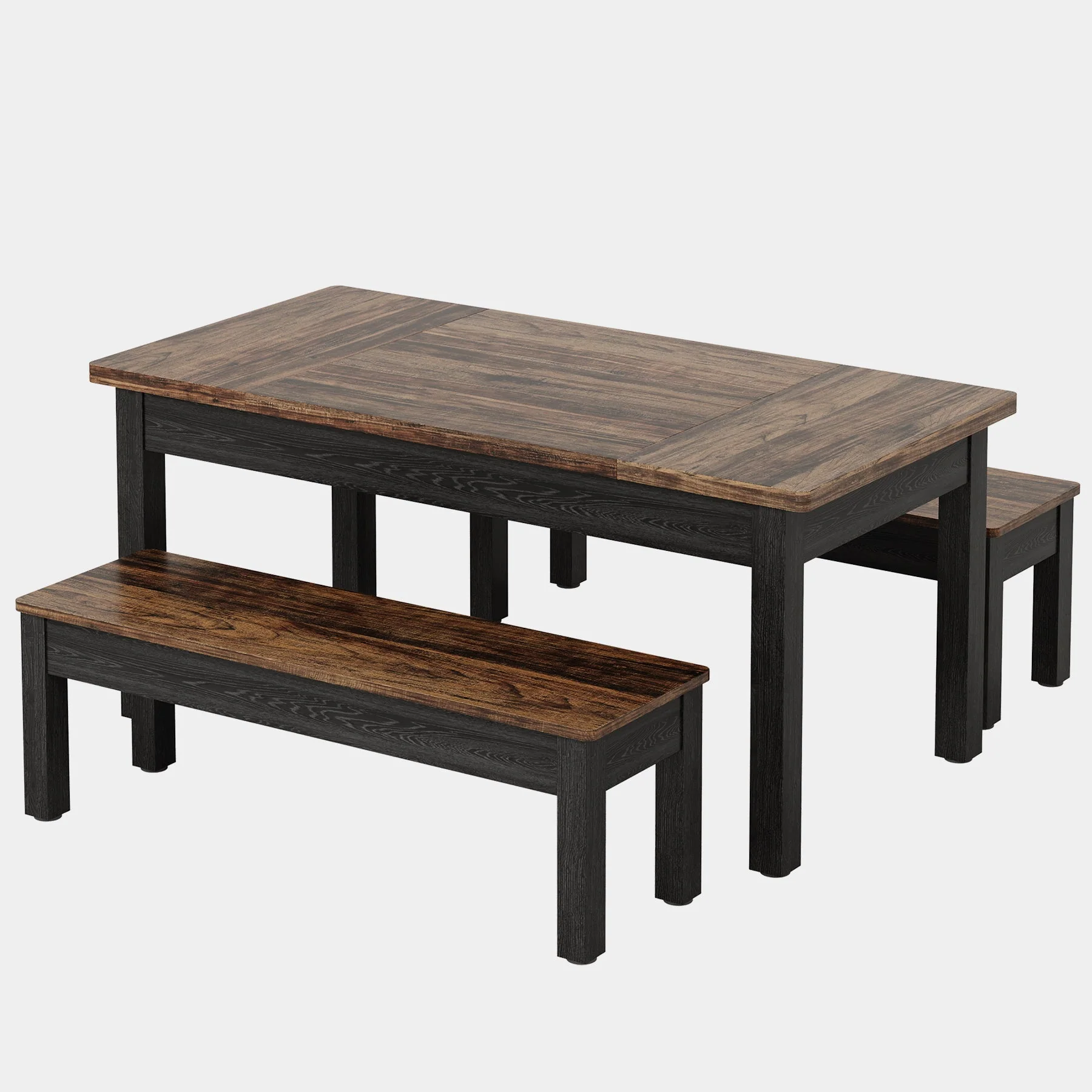 55" Farmhouse Kitchen Table Set for 4–6 People, 3 Piece Space Saving Dining Table with 2 Benches - Image 13