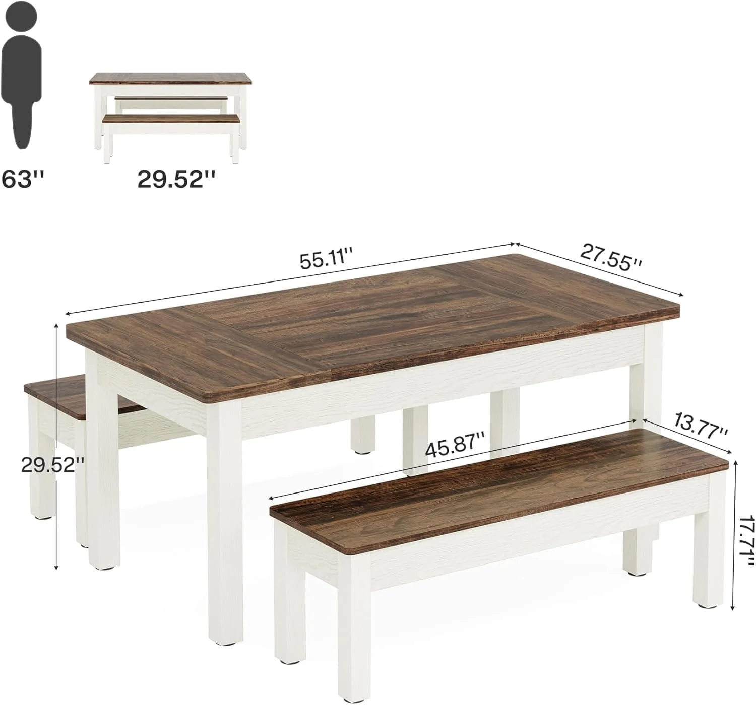 55" Farmhouse Kitchen Table Set for 4–6 People, 3 Piece Space Saving Dining Table with 2 Benches - Image 2