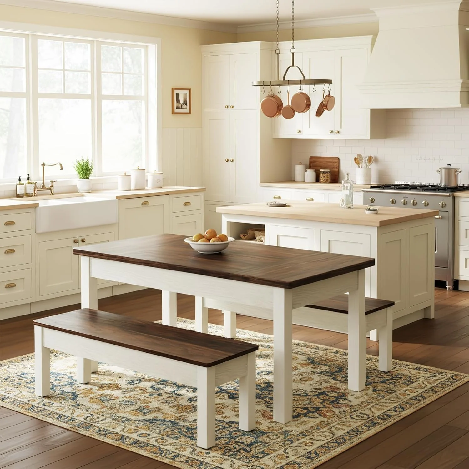 55" Farmhouse Kitchen Table Set for 4–6 People, 3 Piece Space Saving Dining Table with 2 Benches - Image 3