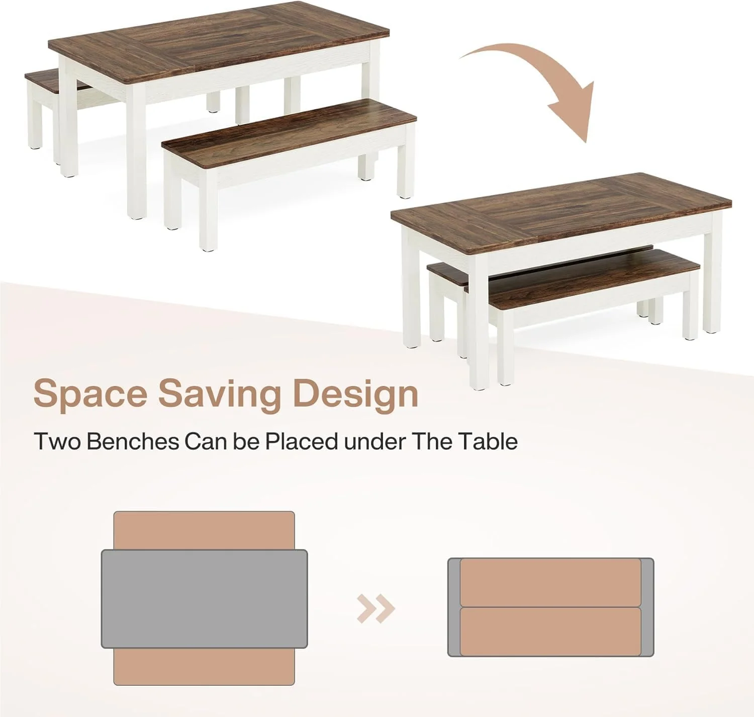 55" Farmhouse Kitchen Table Set for 4–6 People, 3 Piece Space Saving Dining Table with 2 Benches - Image 4