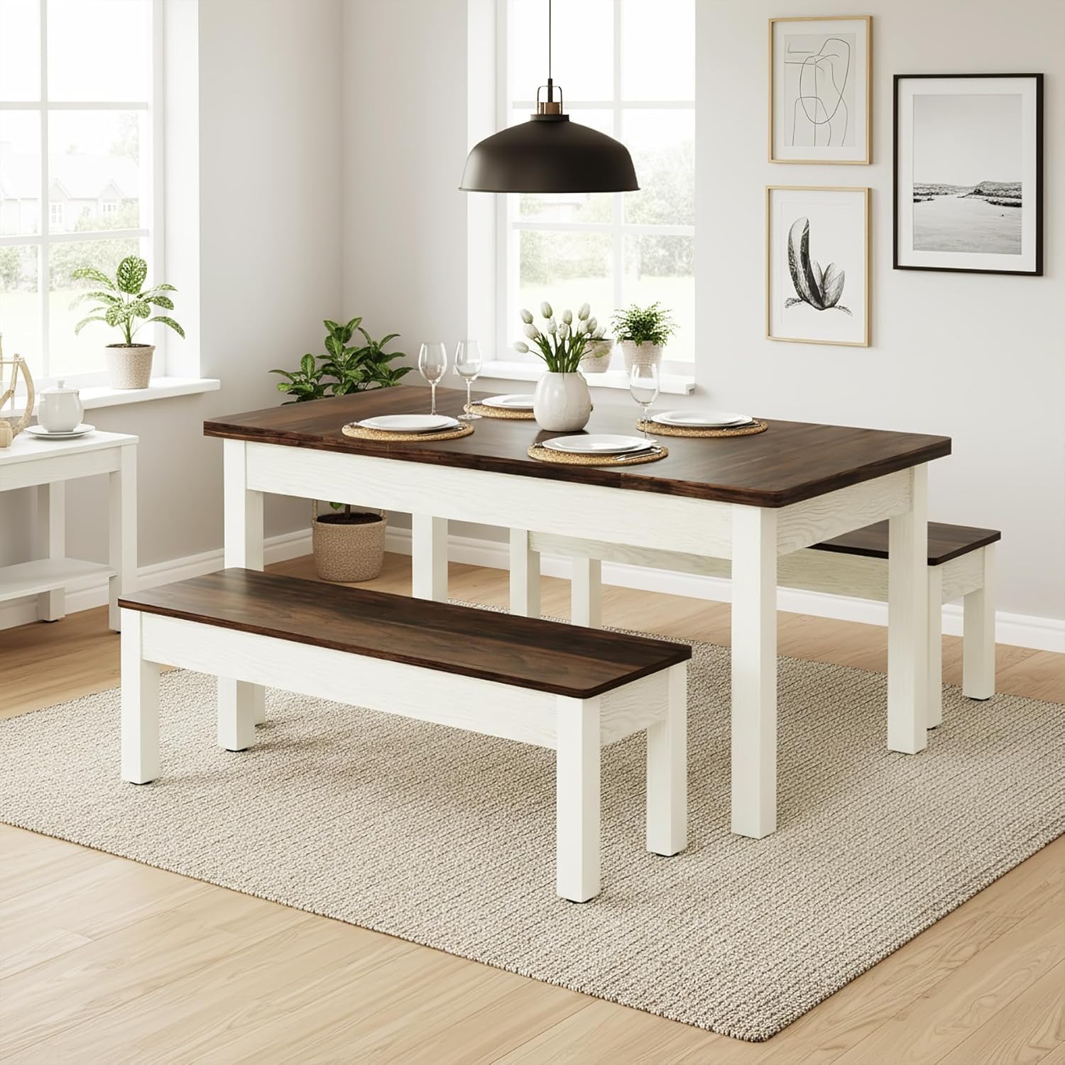 55" Farmhouse Kitchen Table Set for 4–6 People, 3 Piece Space Saving Dining Table with 2 Benches - Image 5