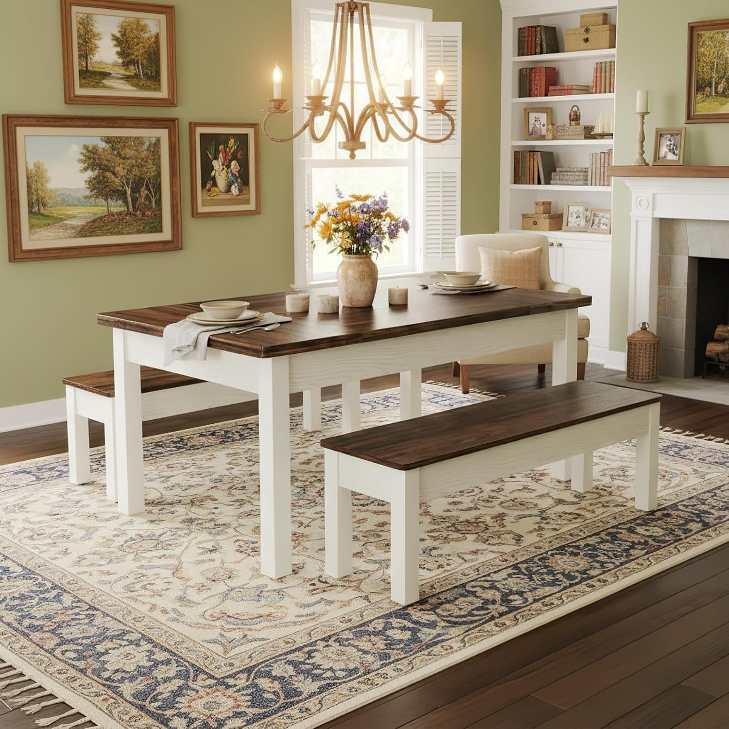 55" Farmhouse Kitchen Table Set for 4–6 People, 3 Piece Space Saving Dining Table with 2 Benches - Image 6