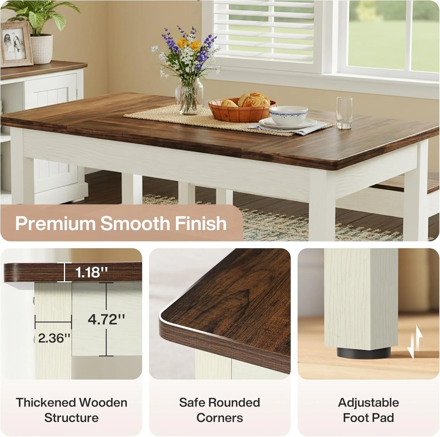 55" Farmhouse Kitchen Table Set for 4–6 People, 3 Piece Space Saving Dining Table with 2 Benches - Image 7