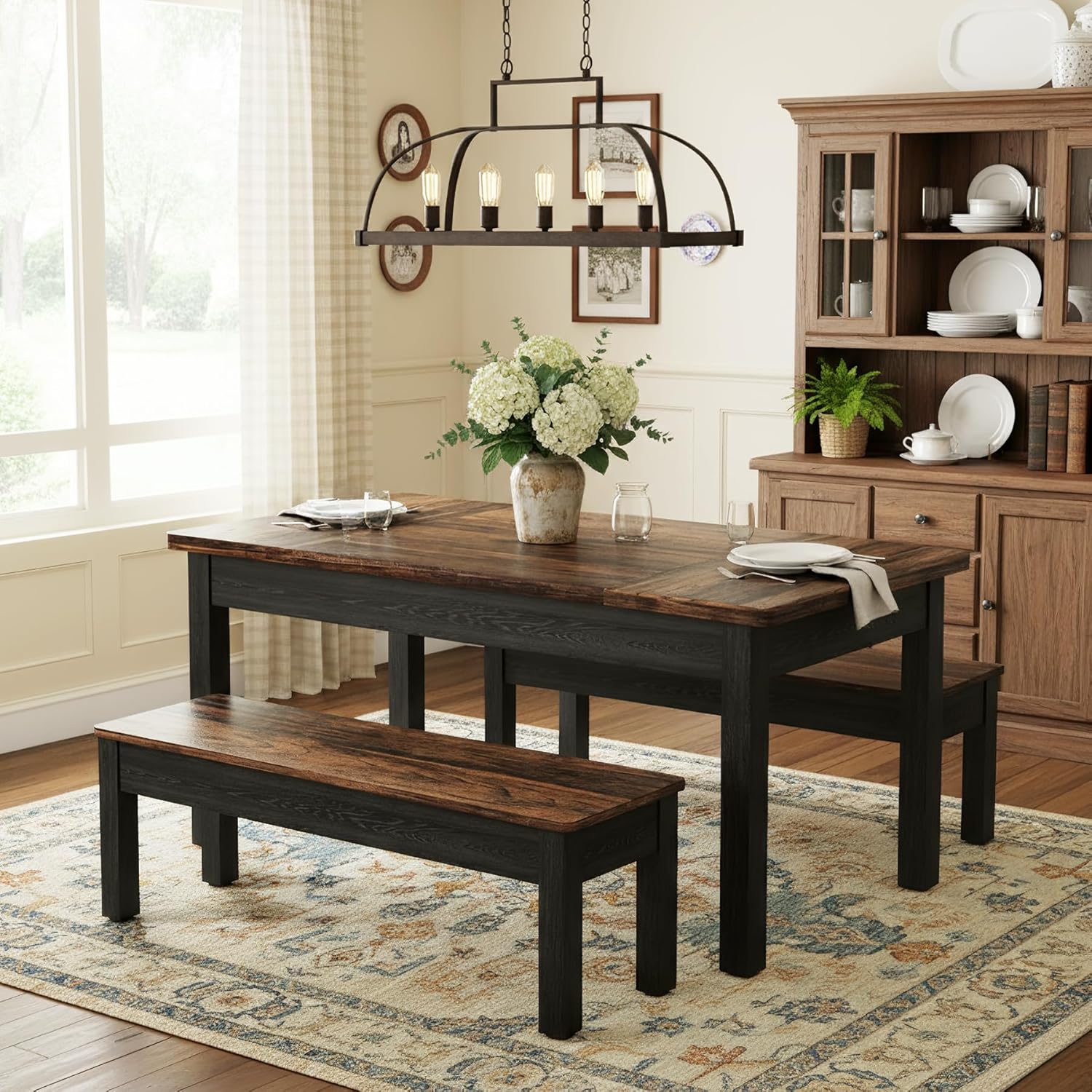 55" Farmhouse Kitchen Table Set for 4–6 People, 3 Piece Space Saving Dining Table with 2 Benches - Image 8