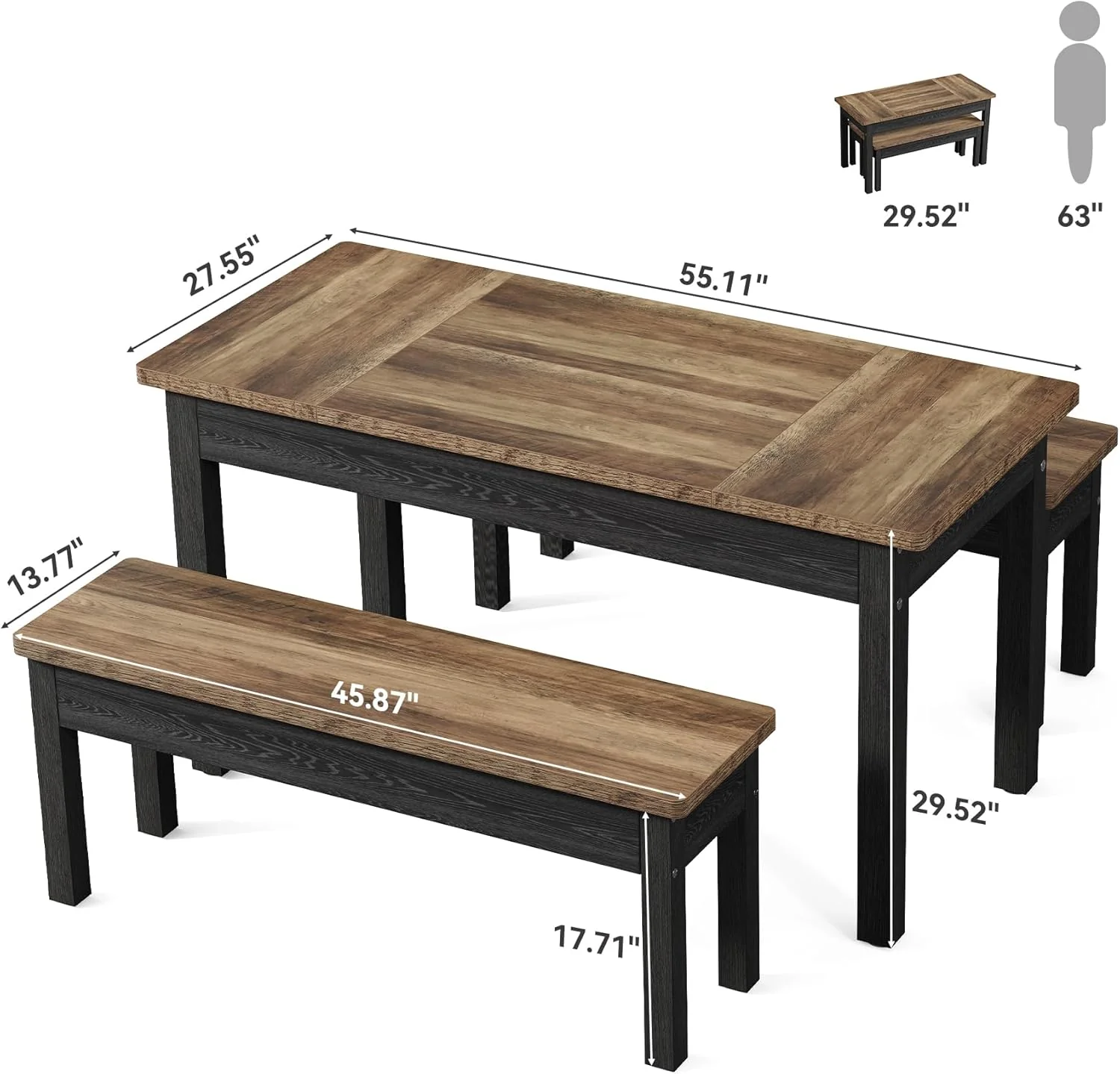 55" Farmhouse Kitchen Table Set for 4–6 People, 3 Piece Space Saving Dining Table with 2 Benches - Image 9
