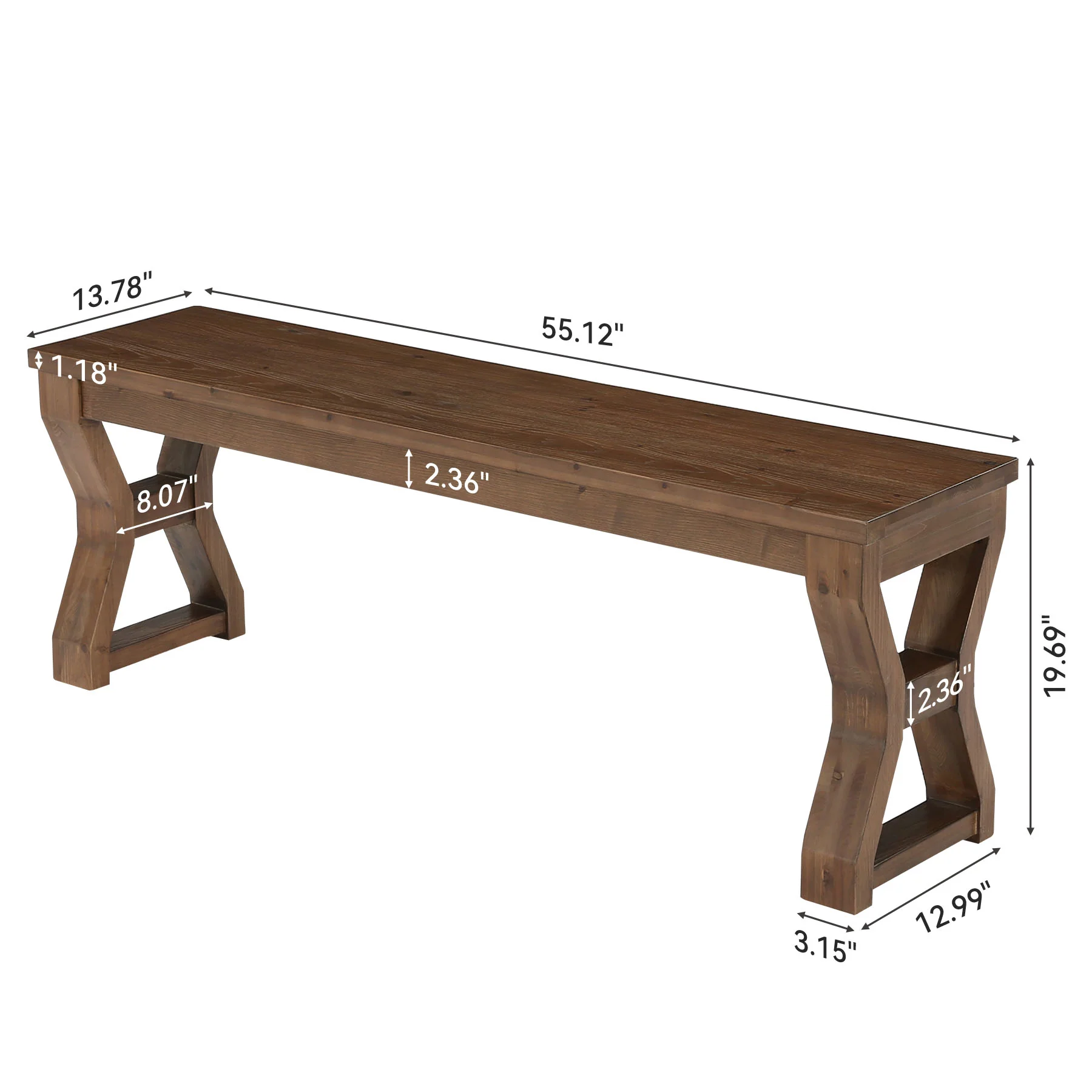 55" Solid Wood Entryway Bench, Farmhouse Shoe Bench with X-Cross Legs - Image 2