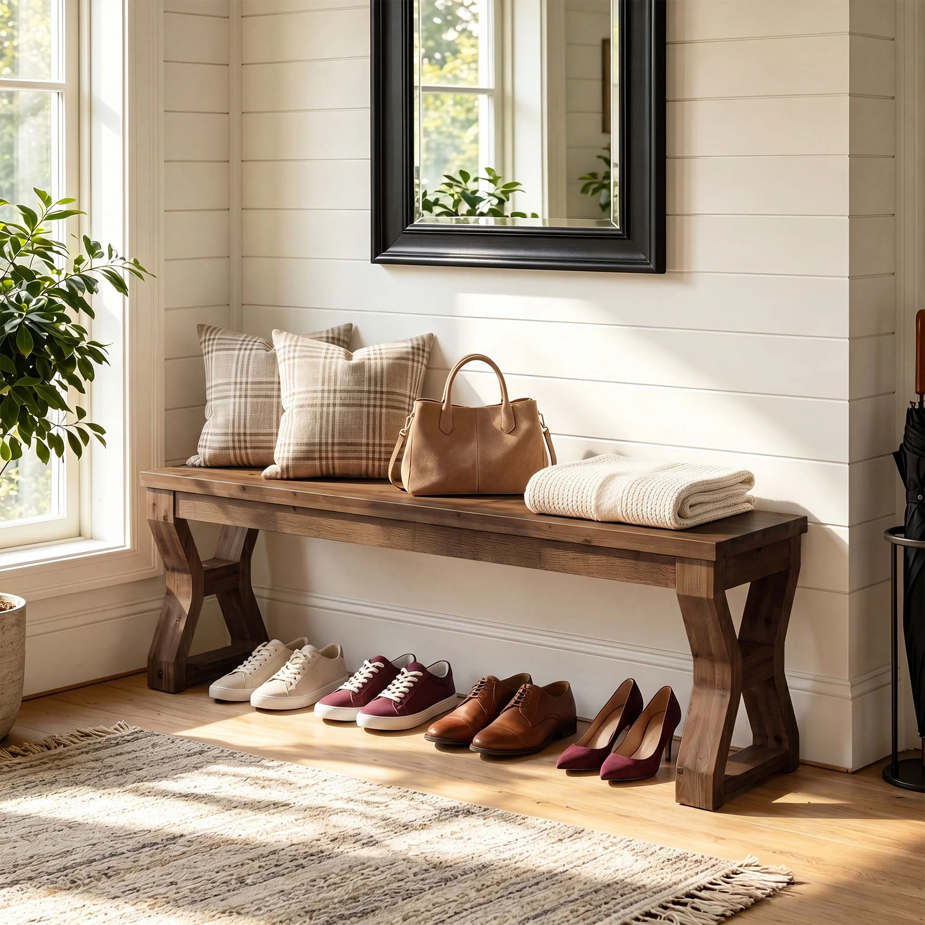 55" Solid Wood Entryway Bench, Farmhouse Shoe Bench with X-Cross Legs - Image 3