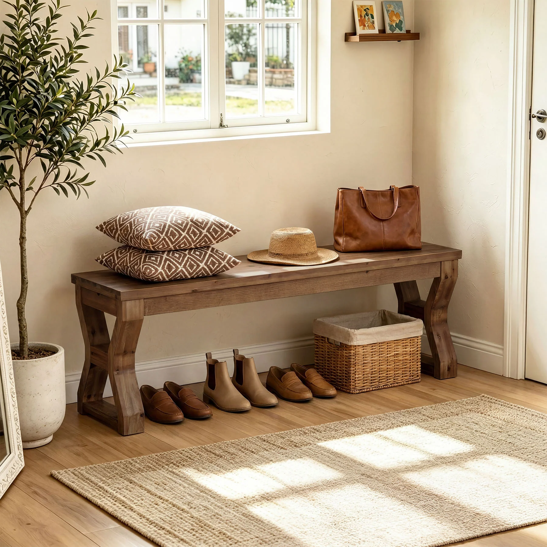 55" Solid Wood Entryway Bench, Farmhouse Shoe Bench with X-Cross Legs - Image 4