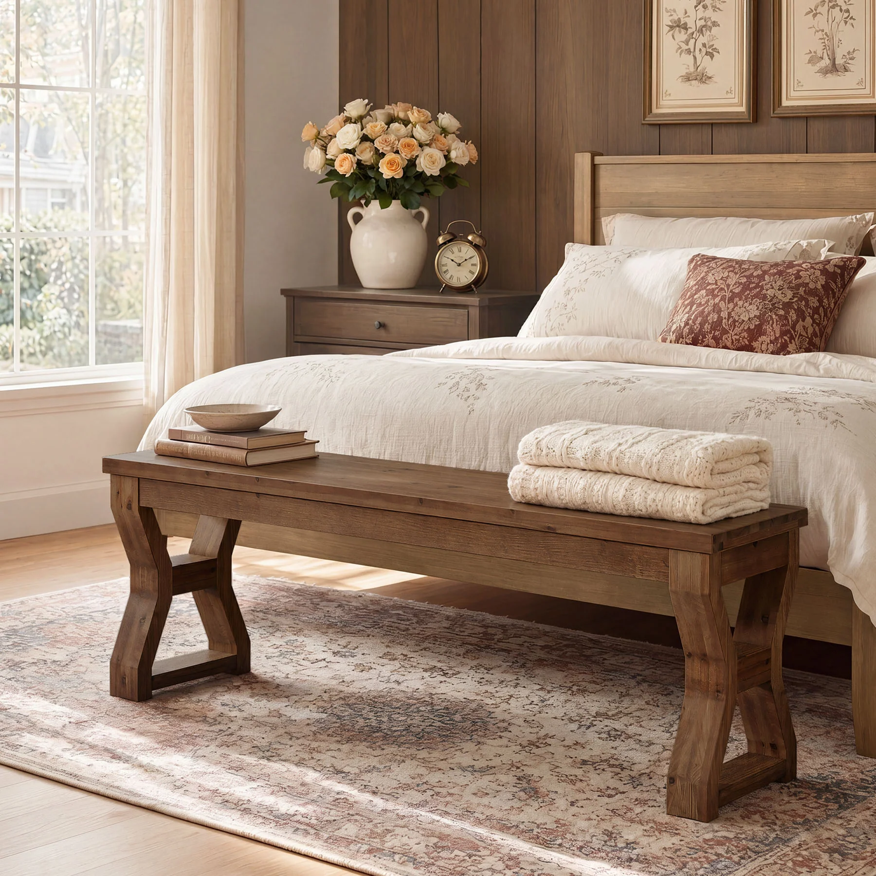 55" Solid Wood Entryway Bench, Farmhouse Shoe Bench with X-Cross Legs - Image 5