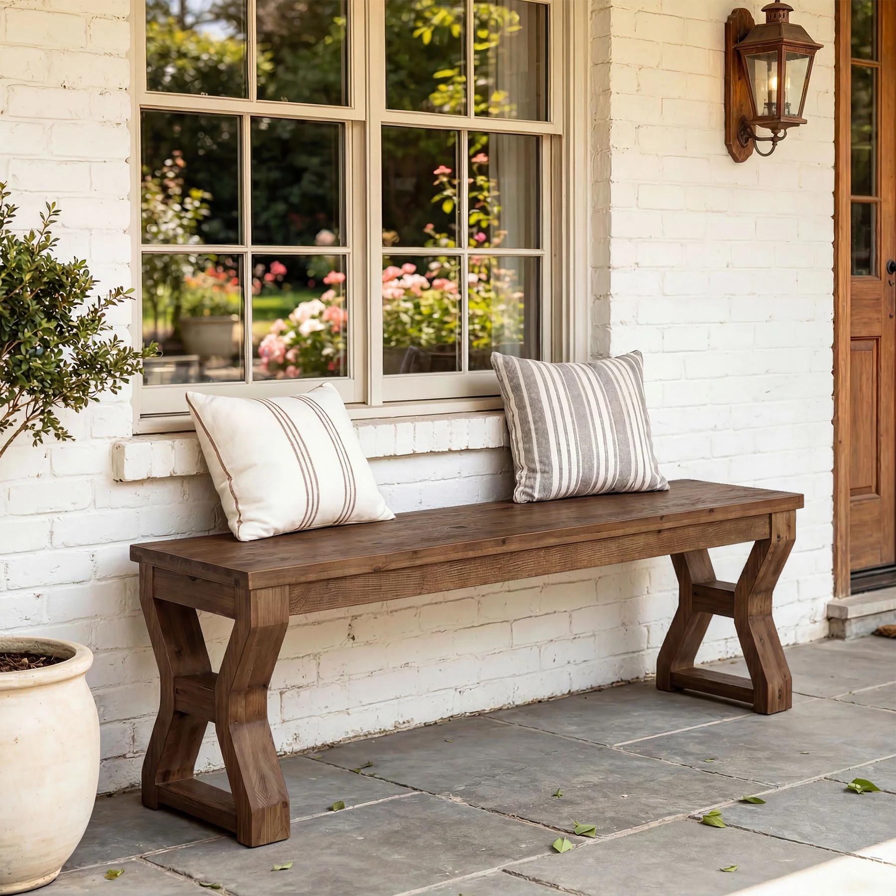 55" Solid Wood Entryway Bench, Farmhouse Shoe Bench with X-Cross Legs - Image 6