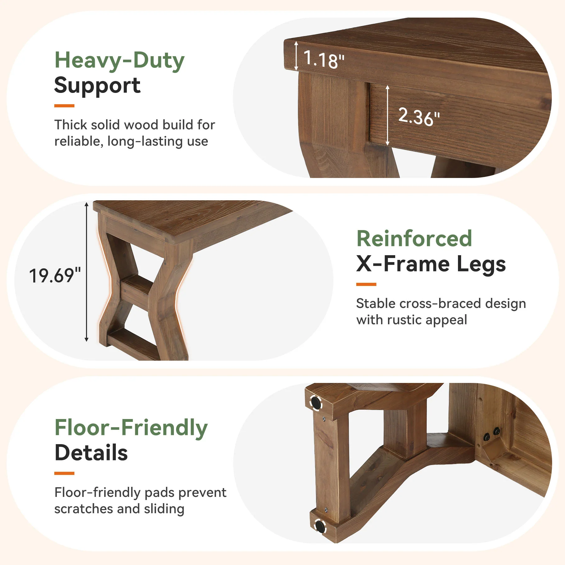 55" Solid Wood Entryway Bench, Farmhouse Shoe Bench with X-Cross Legs - Image 7