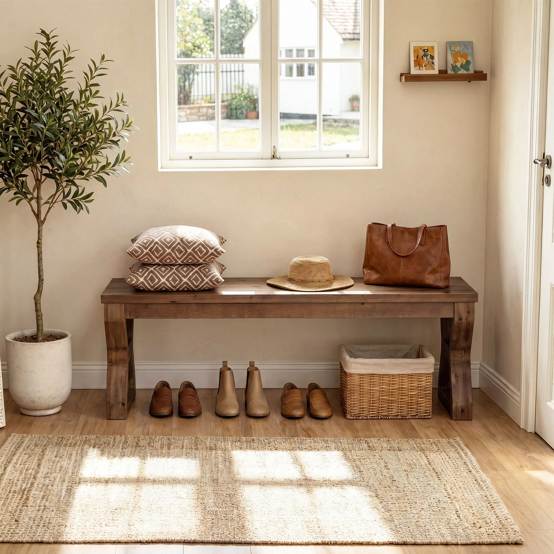 55" Solid Wood Entryway Bench, Farmhouse Shoe Bench with X-Cross Legs - Image 9
