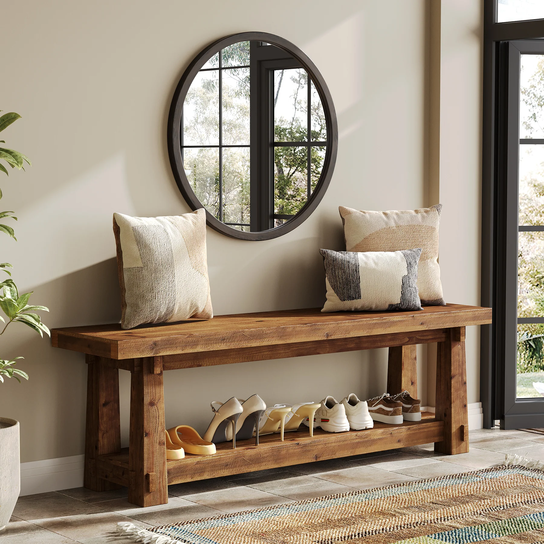 55" Entryway Bench, Foyer Bench with Shoe Storage for Hallway - Image 10