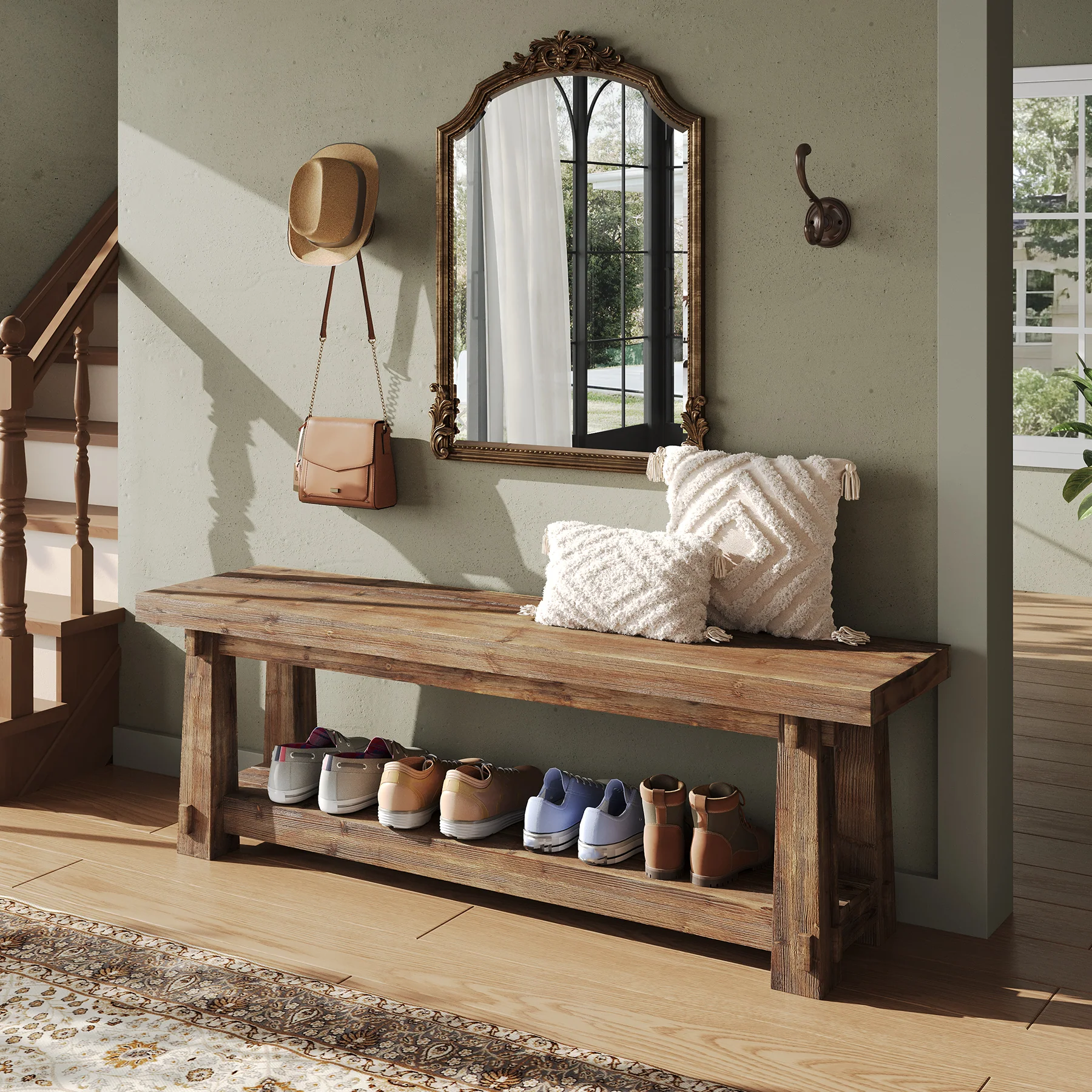 55" Entryway Bench, Foyer Bench with Shoe Storage for Hallway - Image 3