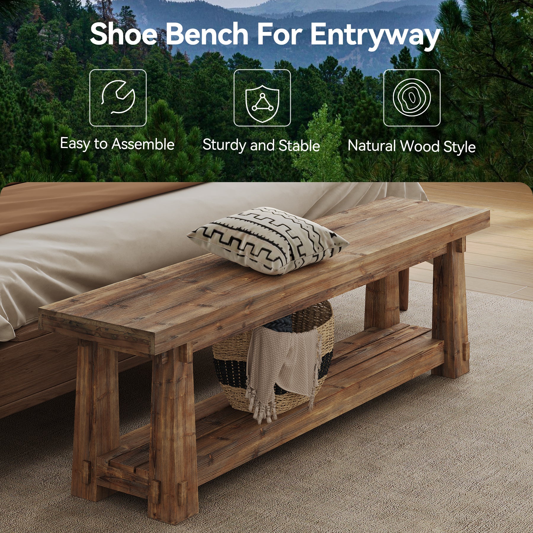 55" Entryway Bench, Foyer Bench with Shoe Storage for Hallway - Image 6