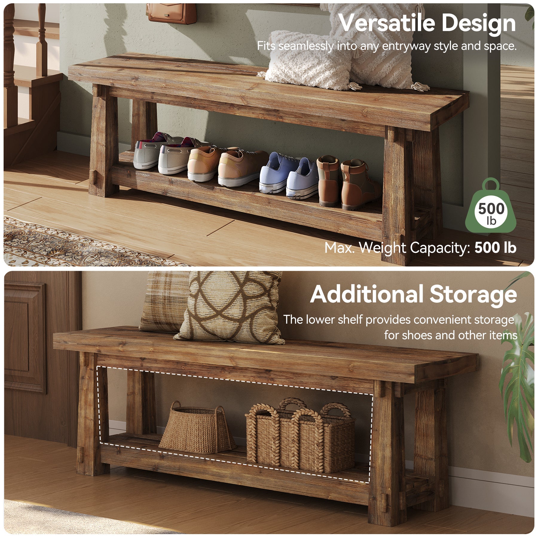 55" Entryway Bench, Foyer Bench with Shoe Storage for Hallway - Image 7