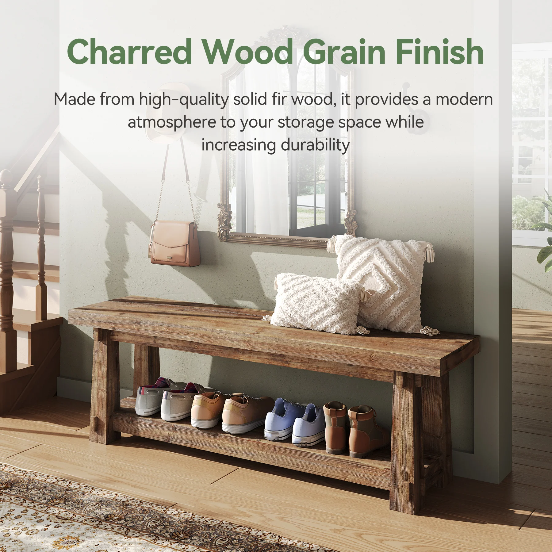 55" Entryway Bench, Foyer Bench with Shoe Storage for Hallway - Image 8