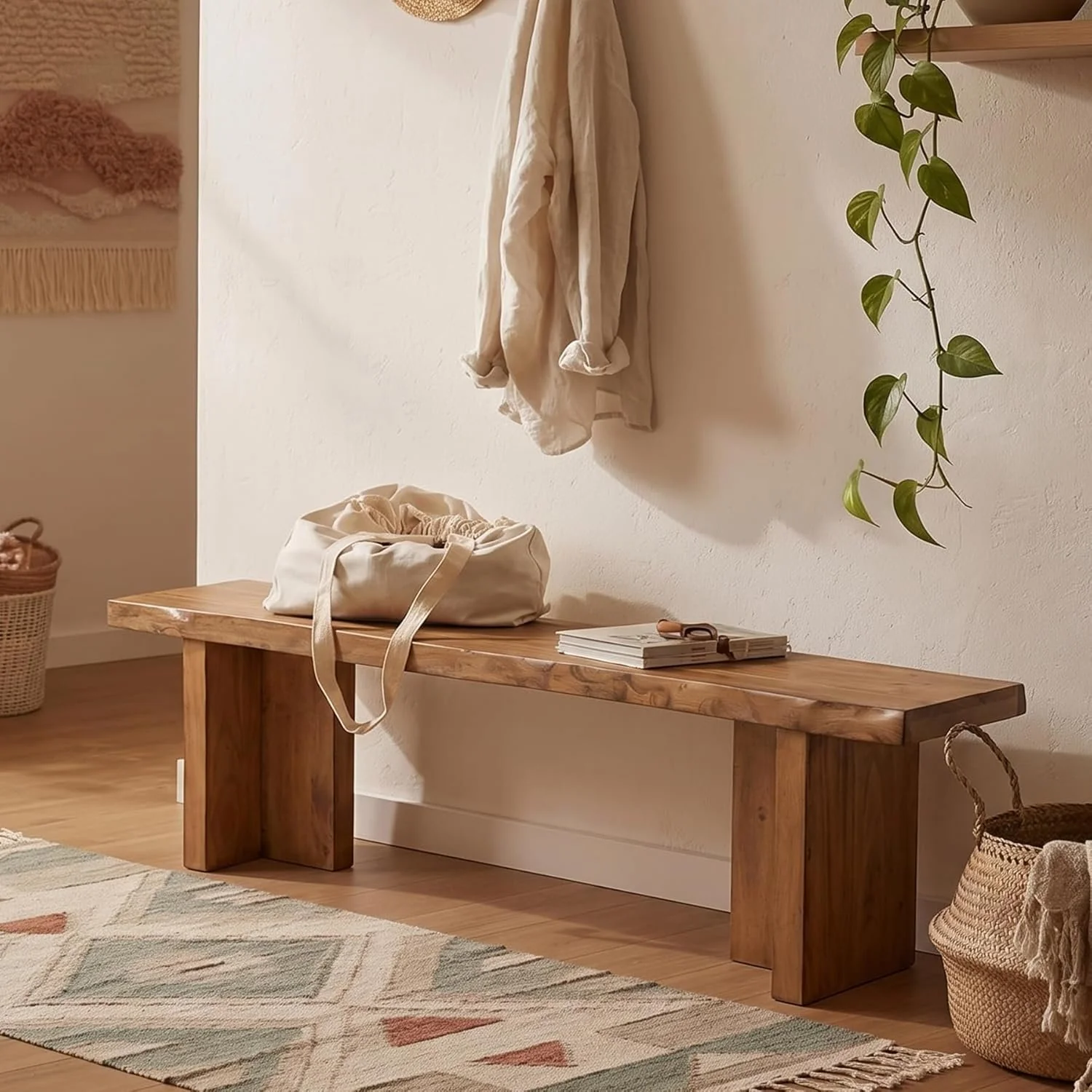 55" Farmhouse Entryway Bench, Solid Wood Shoe Bench End of Bed Bench for Bedroom - Image 9