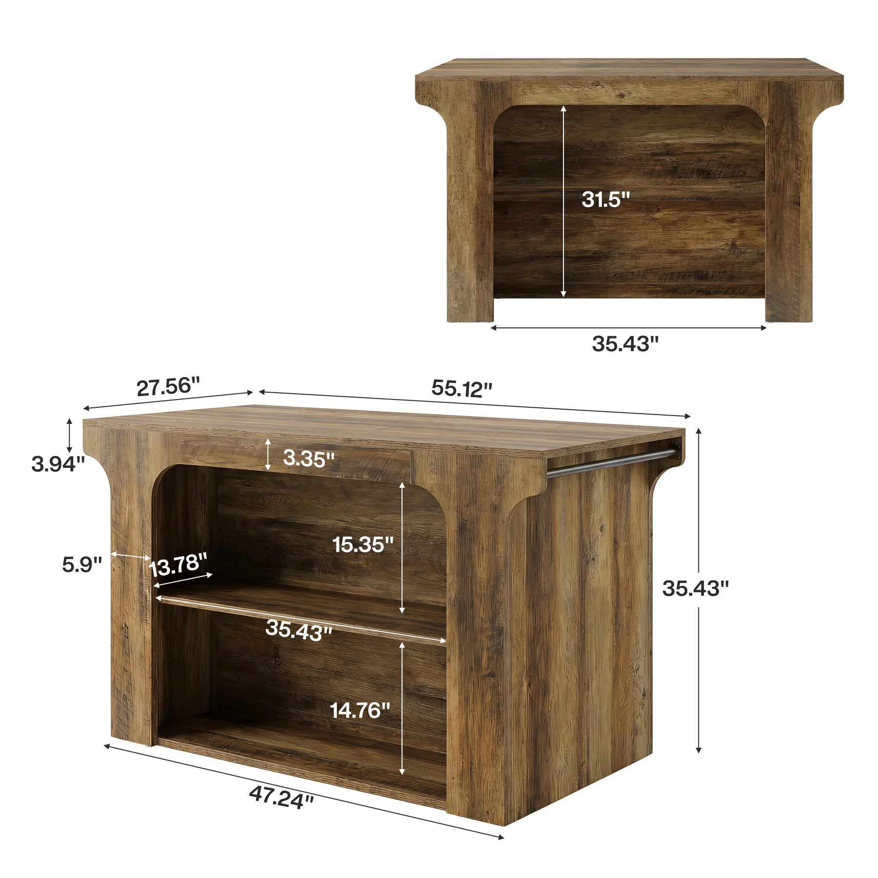 55" Wooden Kitchen Island, Stationary Dinner Prep Station with 2 Shelves - Image 2