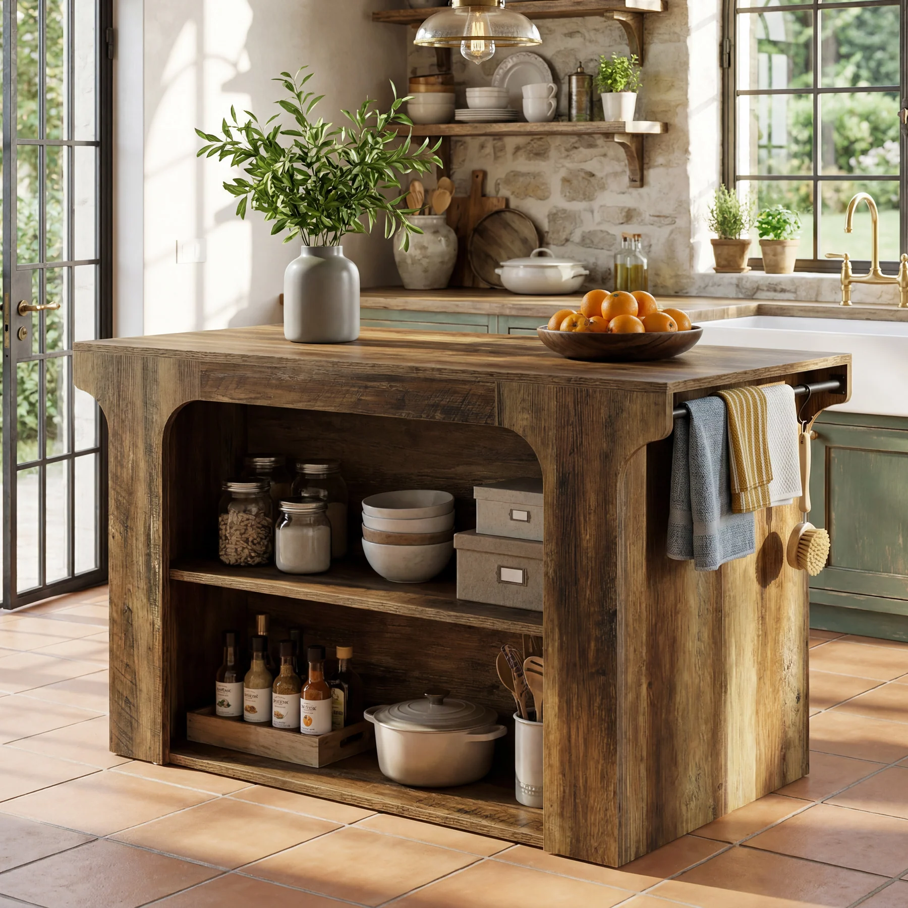 55" Wooden Kitchen Island, Stationary Dinner Prep Station with 2 Shelves - Image 3
