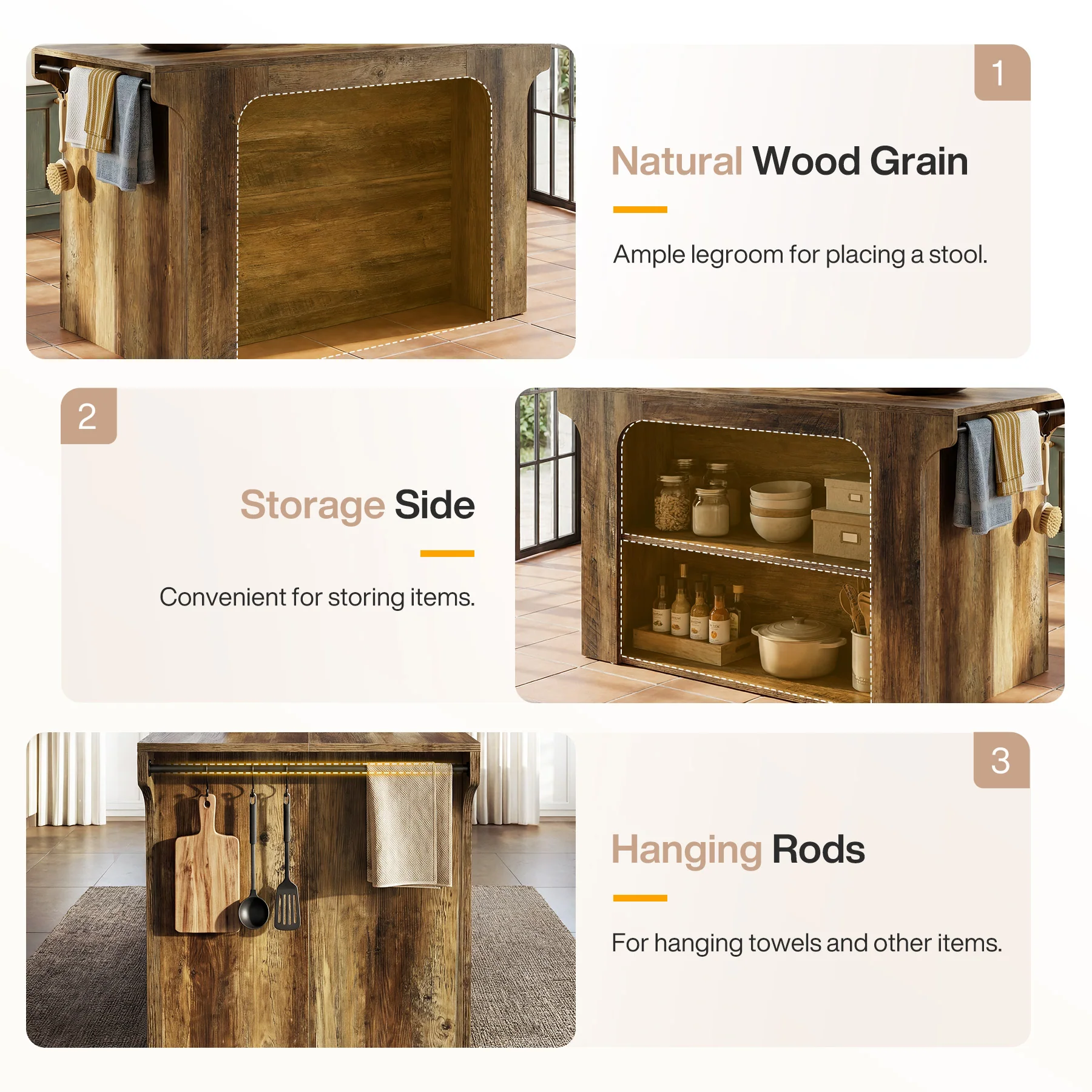 55" Wooden Kitchen Island, Stationary Dinner Prep Station with 2 Shelves - Image 6