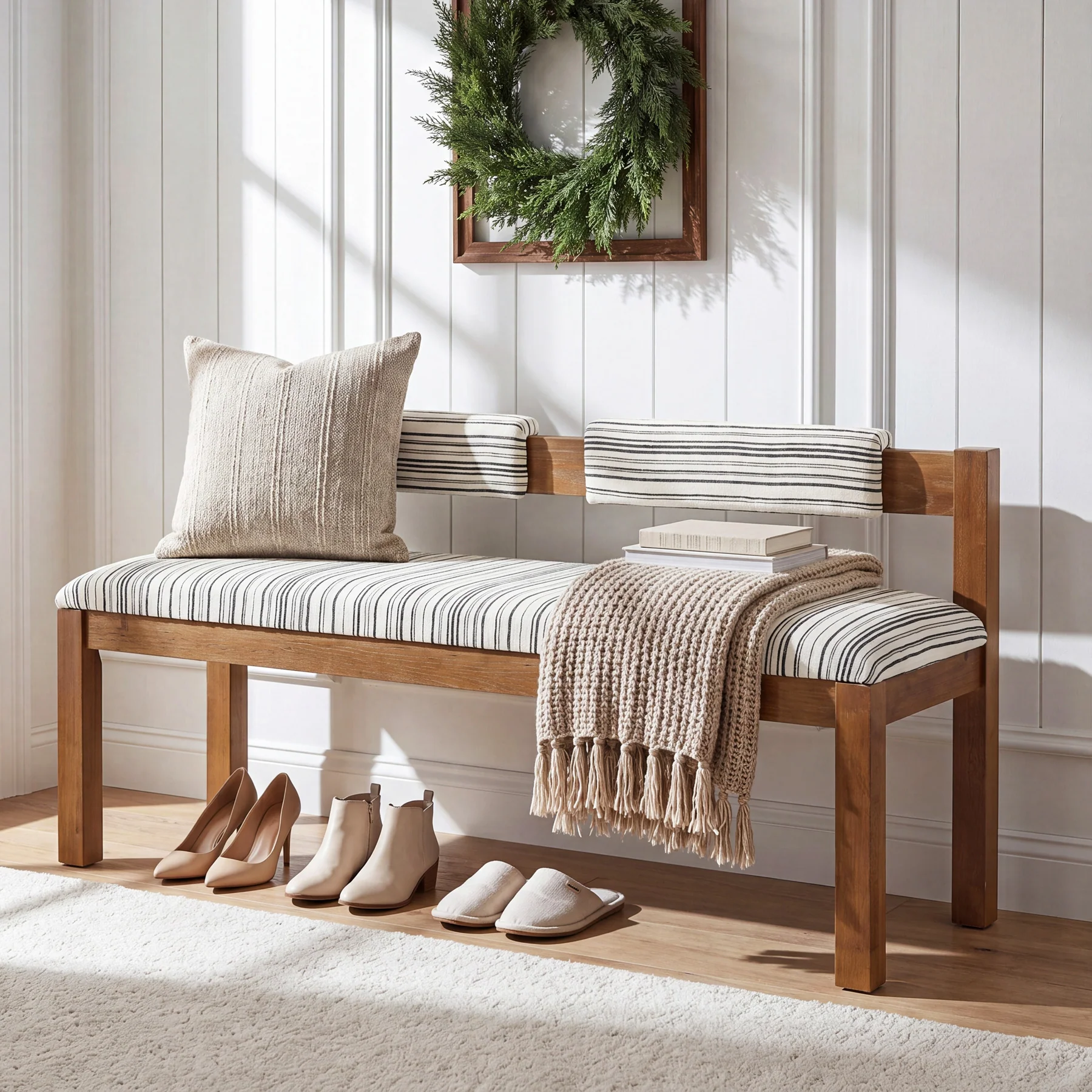 55" Solid Wood Entryway Bench, Upholstered Bench End of Bed Bench with Backrest - Image 5