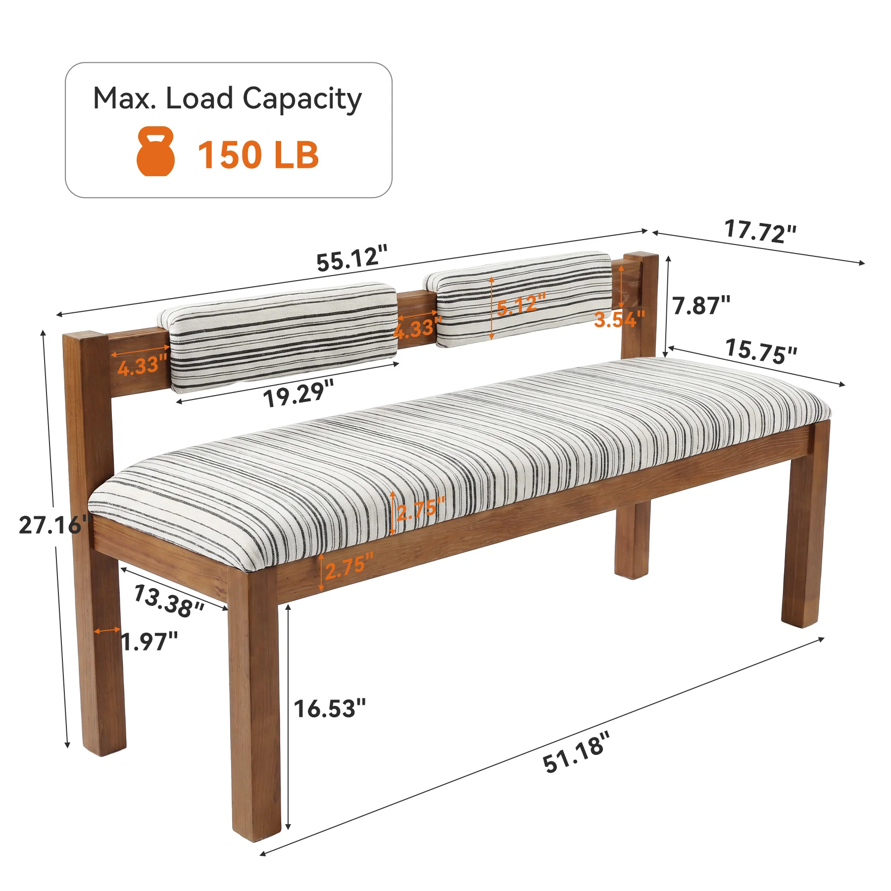 Wood Dining Bench, 55" Upholstered Kitchen Bench with Backrest & Chenille Cushion - Image 2