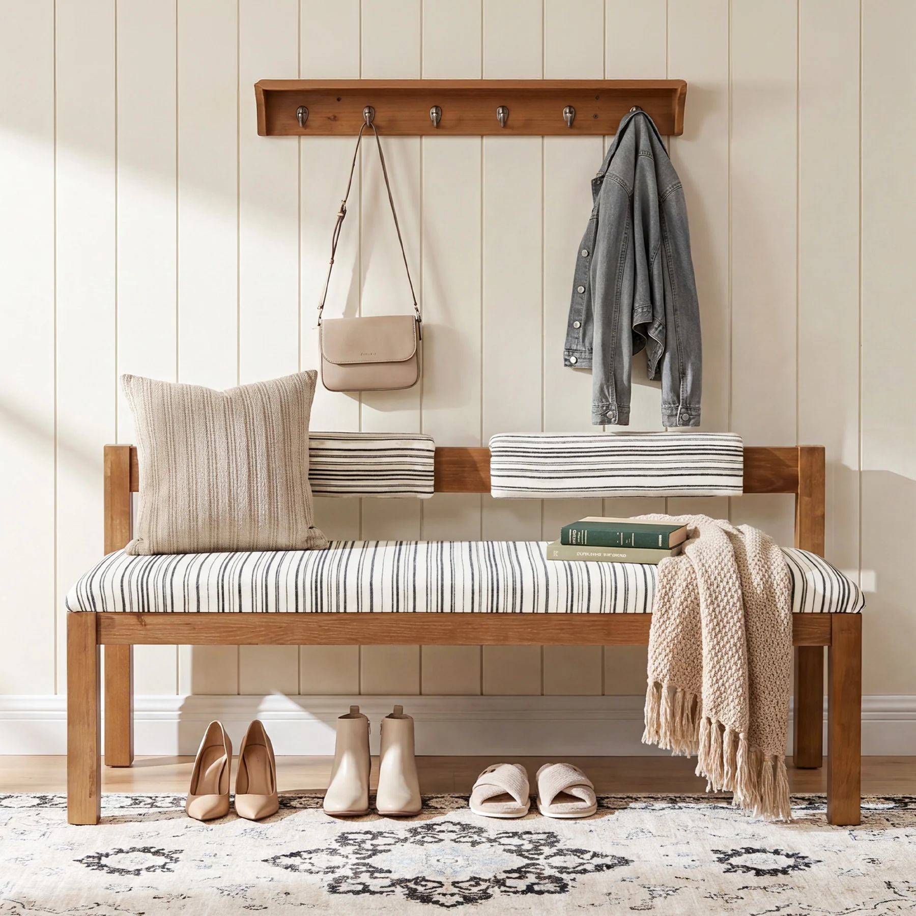 Wood Dining Bench, 55" Upholstered Kitchen Bench with Backrest & Chenille Cushion - Image 3