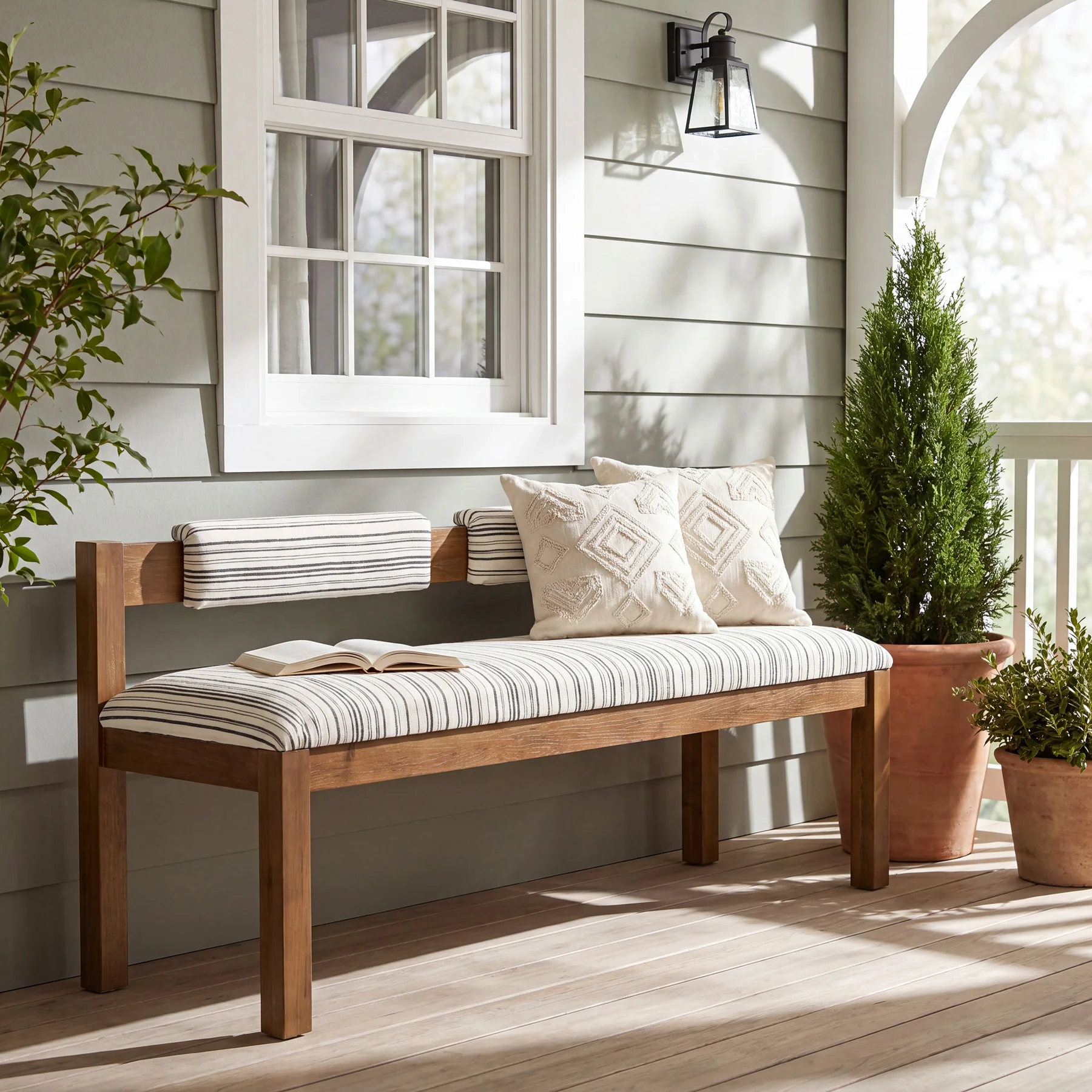 Wood Dining Bench, 55" Upholstered Kitchen Bench with Backrest & Chenille Cushion - Image 4