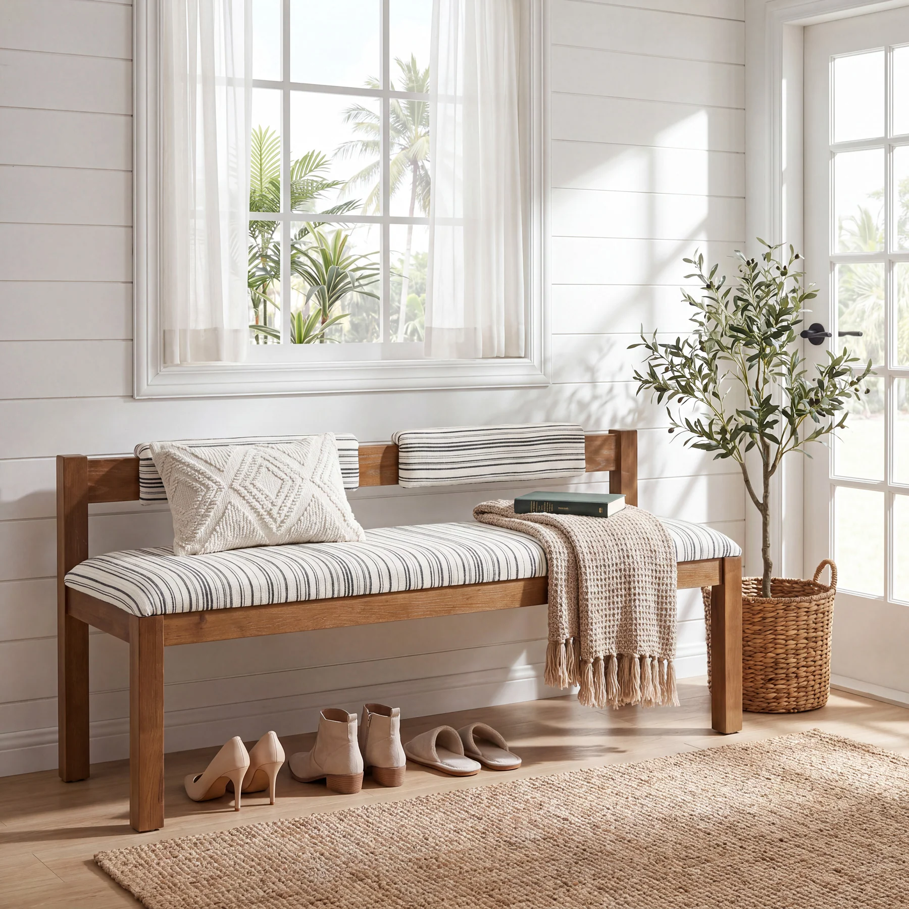 Wood Dining Bench, 55" Upholstered Kitchen Bench with Backrest & Chenille Cushion - Image 5