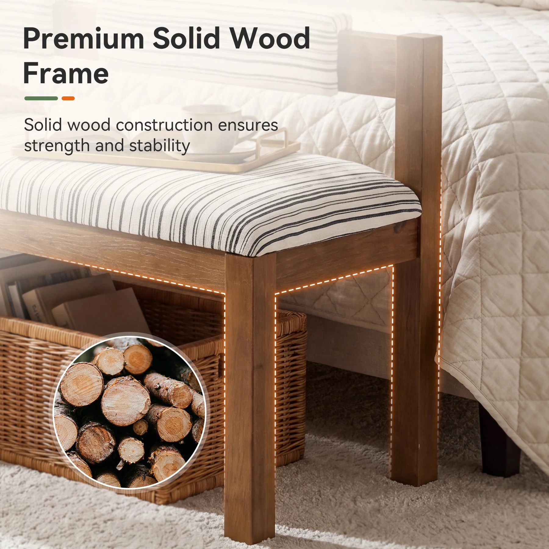 Wood Dining Bench, 55" Upholstered Kitchen Bench with Backrest & Chenille Cushion - Image 7