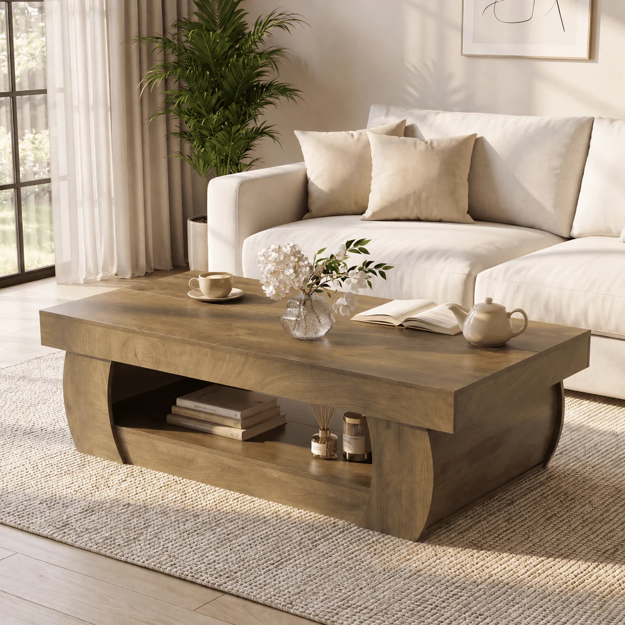 Tribesigns 55-Inch Wooden Coffee Table with 2-Tier Storage Shelf and Curved Legs, Modern Farmhouse Center Table for Living Room and Apartment