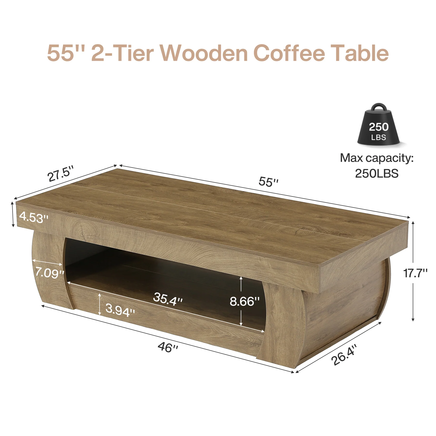 Tribesigns 55-Inch Wooden Coffee Table with 2-Tier Storage Shelf and Curved Legs, Modern Farmhouse Center Table for Living Room and Apartment - Image 2
