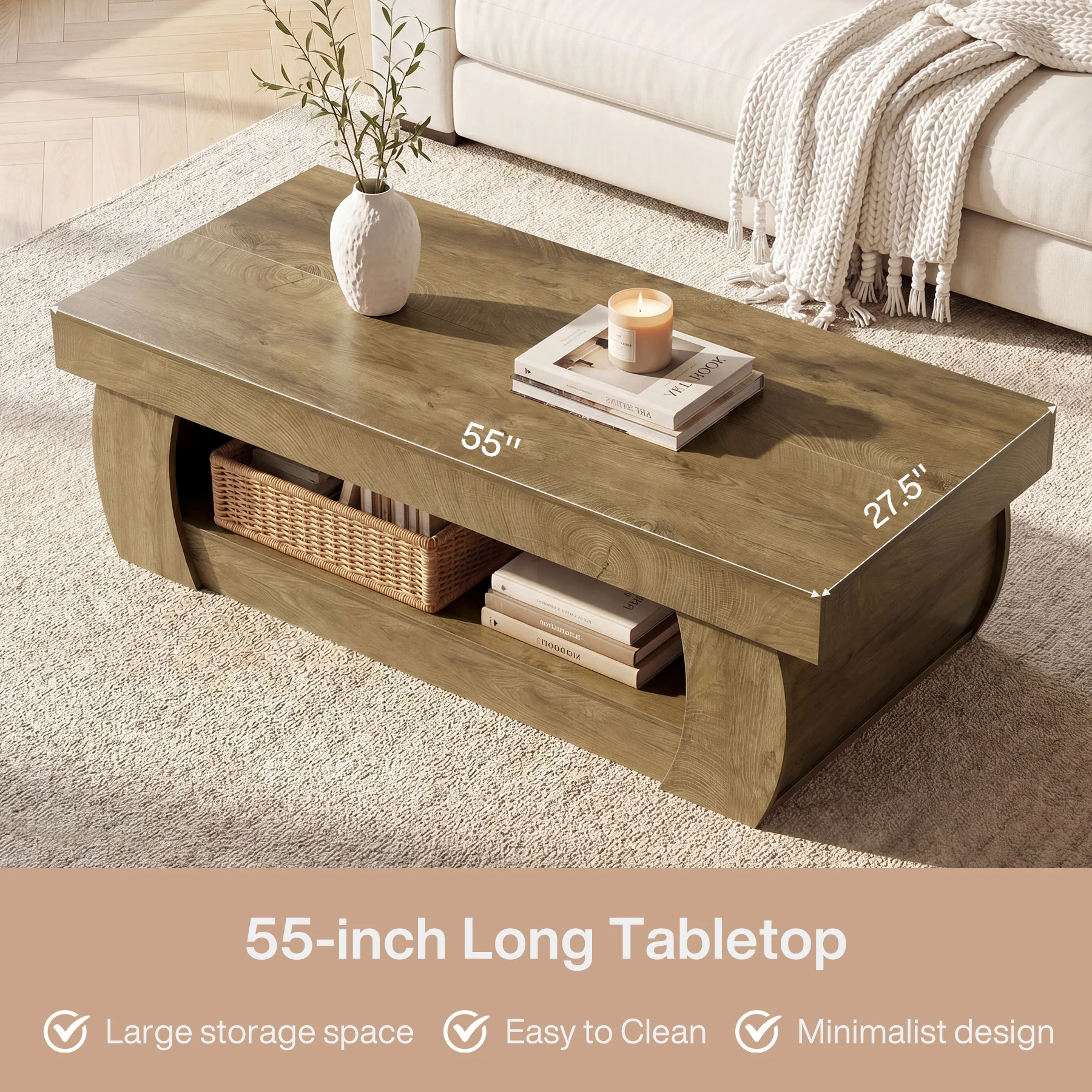 Tribesigns 55-Inch Wooden Coffee Table with 2-Tier Storage Shelf and Curved Legs, Modern Farmhouse Center Table for Living Room and Apartment - Image 3