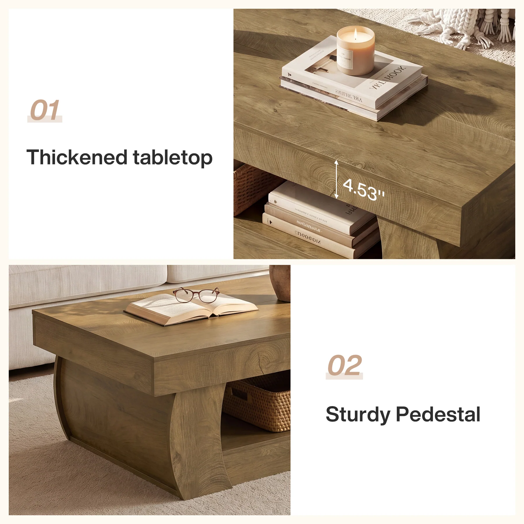 Tribesigns 55-Inch Wooden Coffee Table with 2-Tier Storage Shelf and Curved Legs, Modern Farmhouse Center Table for Living Room and Apartment - Image 4