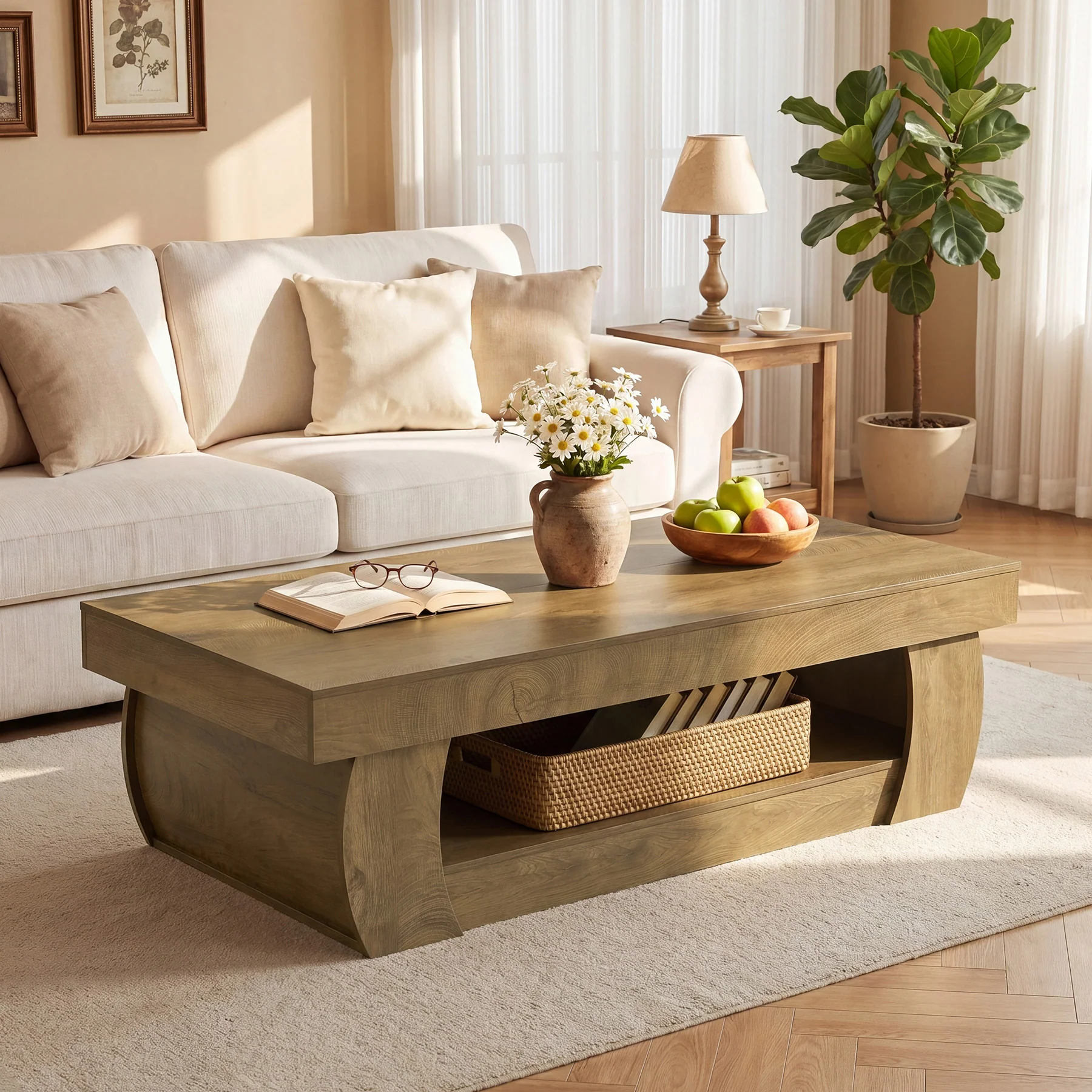Tribesigns 55-Inch Wooden Coffee Table with 2-Tier Storage Shelf and Curved Legs, Modern Farmhouse Center Table for Living Room and Apartment - Image 5