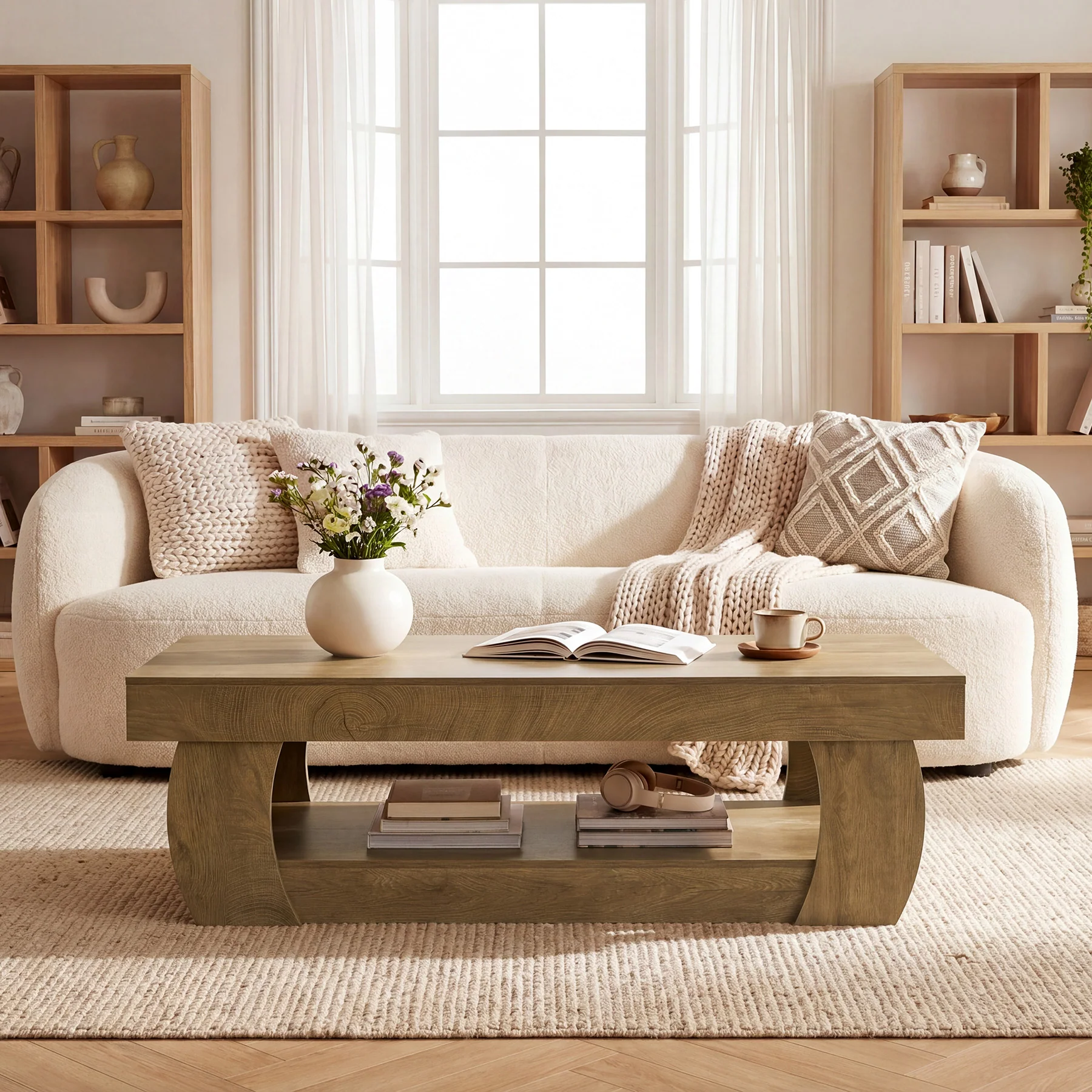 Tribesigns 55-Inch Wooden Coffee Table with 2-Tier Storage Shelf and Curved Legs, Modern Farmhouse Center Table for Living Room and Apartment - Image 6