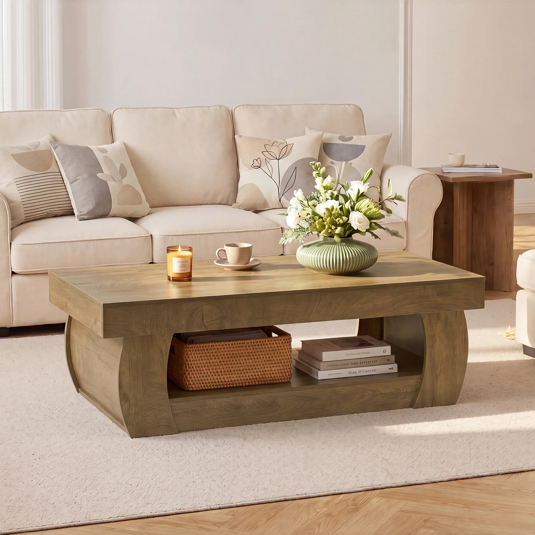 Tribesigns 55-Inch Wooden Coffee Table with 2-Tier Storage Shelf and Curved Legs, Modern Farmhouse Center Table for Living Room and Apartment - Image 7