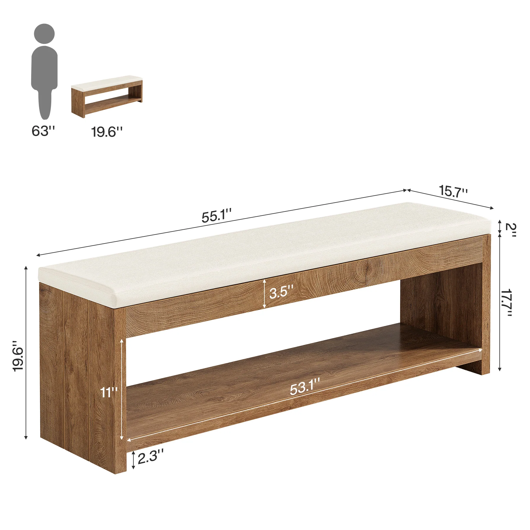 Upholstered End of Bed Bench, 55" Wooden Storage Bench with Shoe Rack - Image 2
