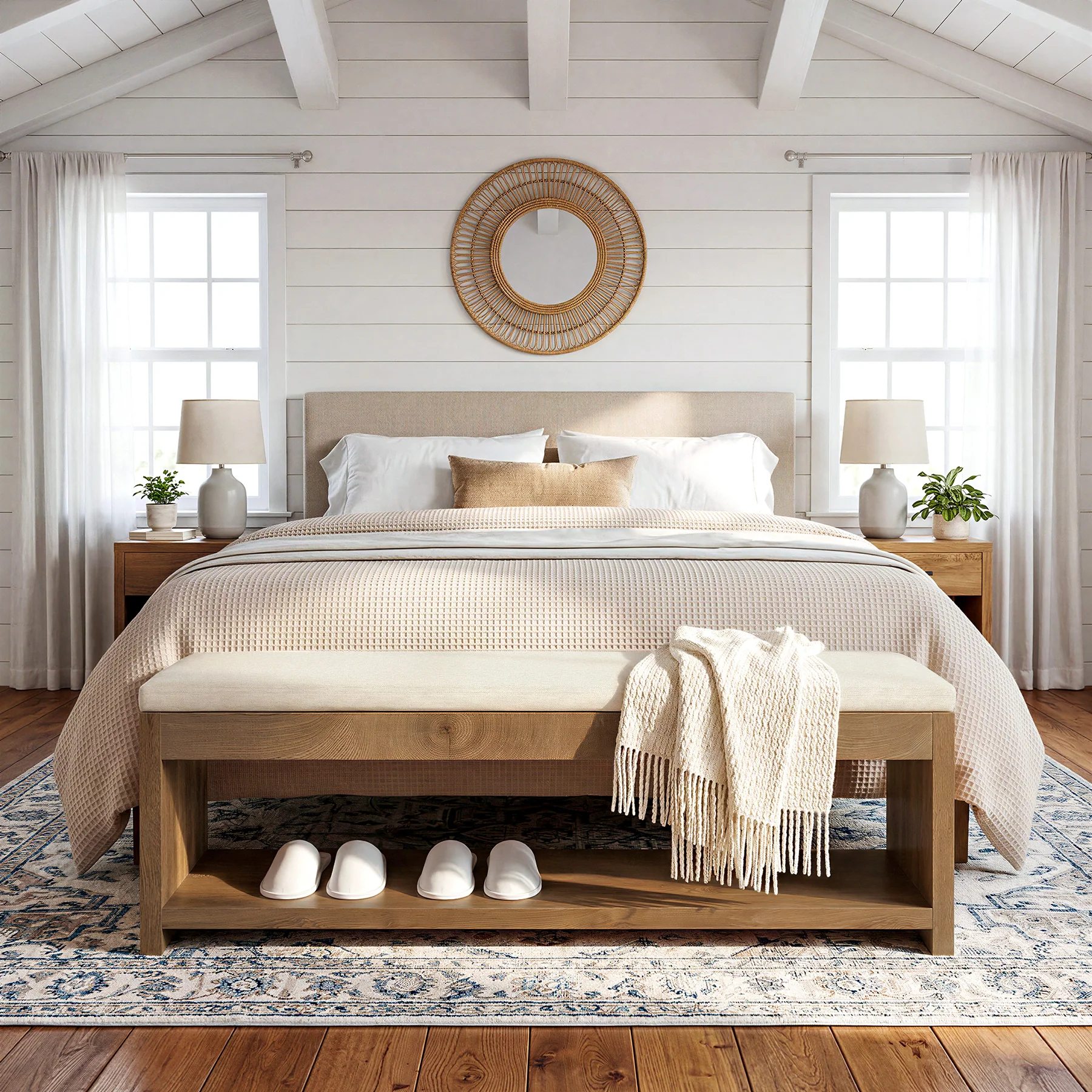 Upholstered End of Bed Bench, 55" Wooden Storage Bench with Shoe Rack - Image 6