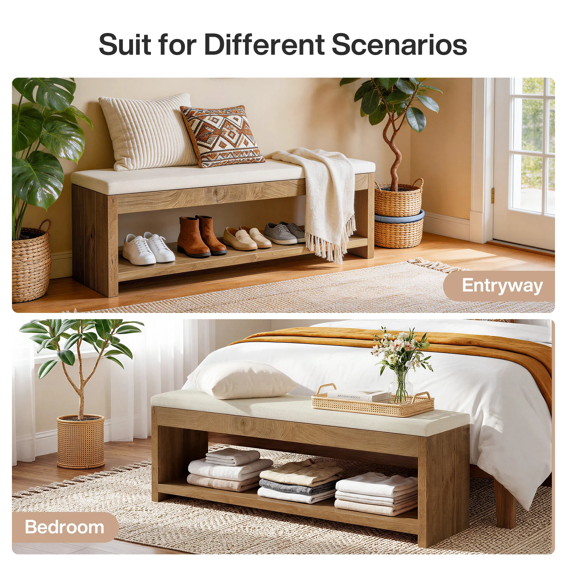 Upholstered End of Bed Bench, 55" Wooden Storage Bench with Shoe Rack - Image 8