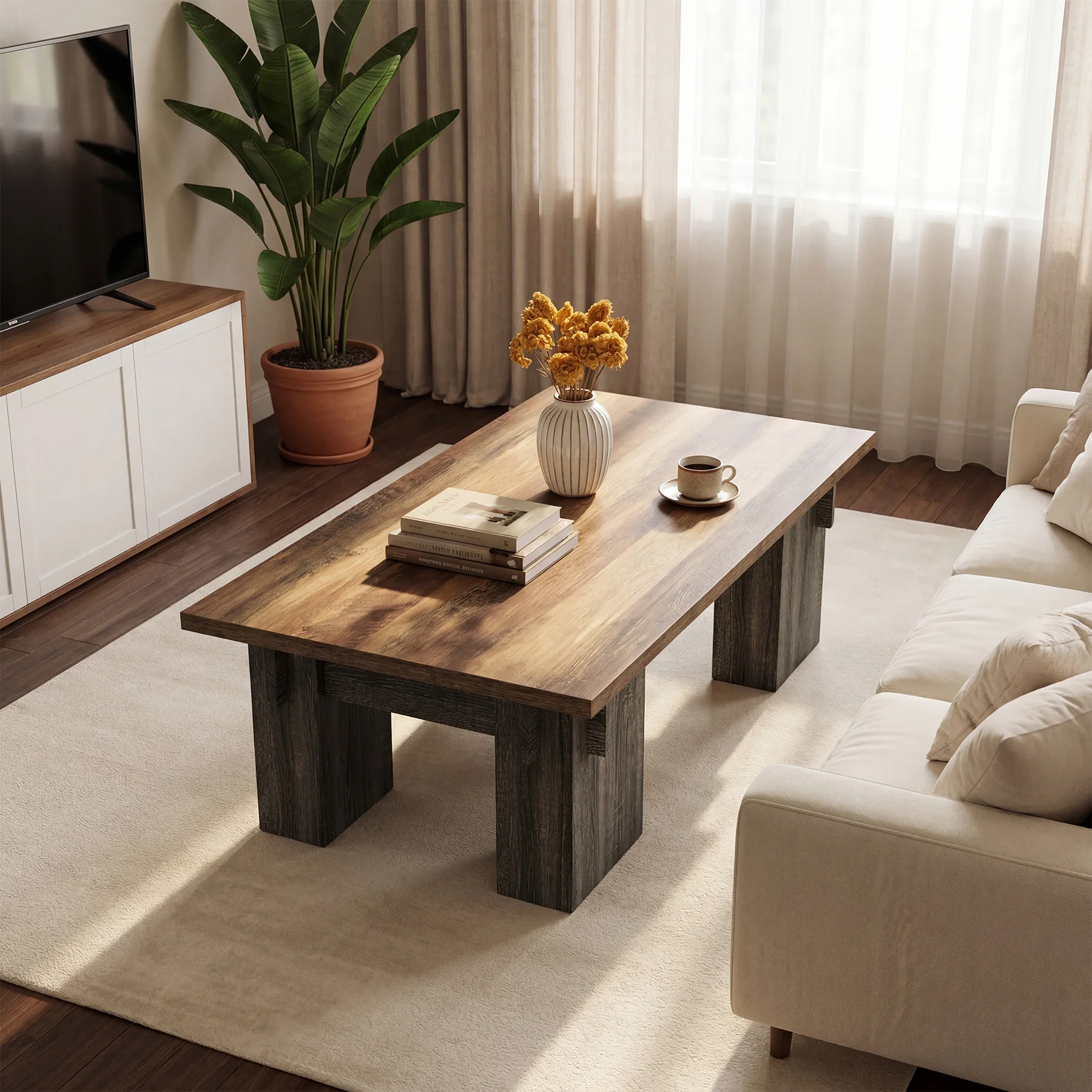 55" Rectangular Coffee Table for Living Room, Modern Center Table with Wood Finish - Image 5