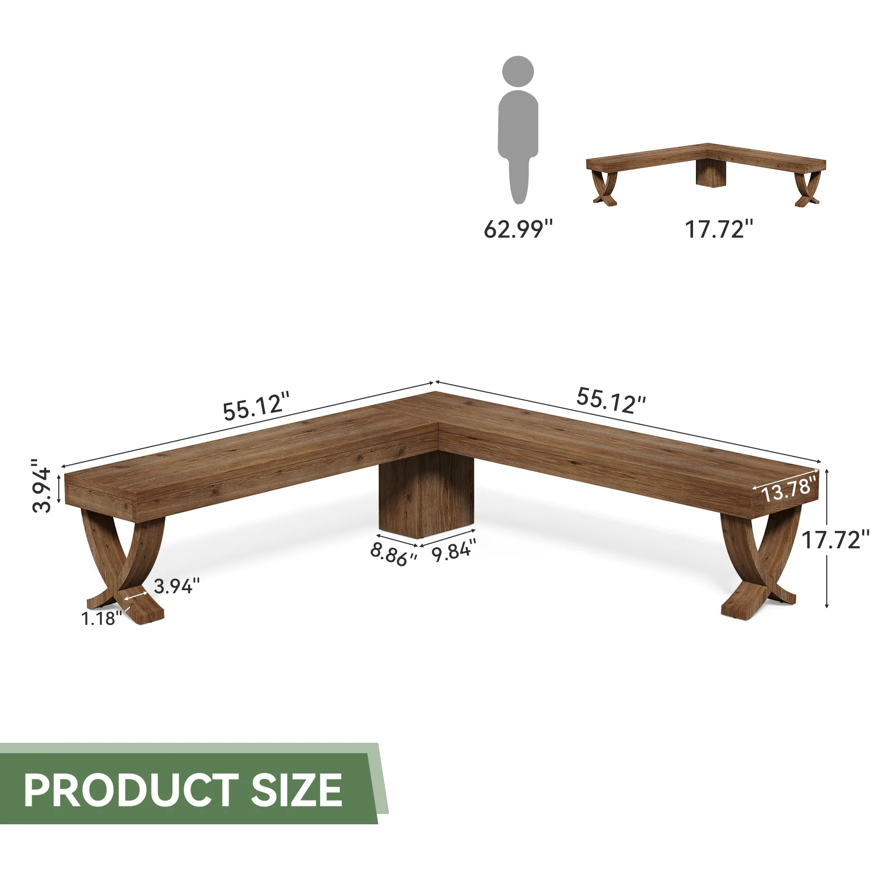 55" L-Shaped Corner Bench, Farmhouse Nook Dining Bench with X-Shaped Leg - Image 2