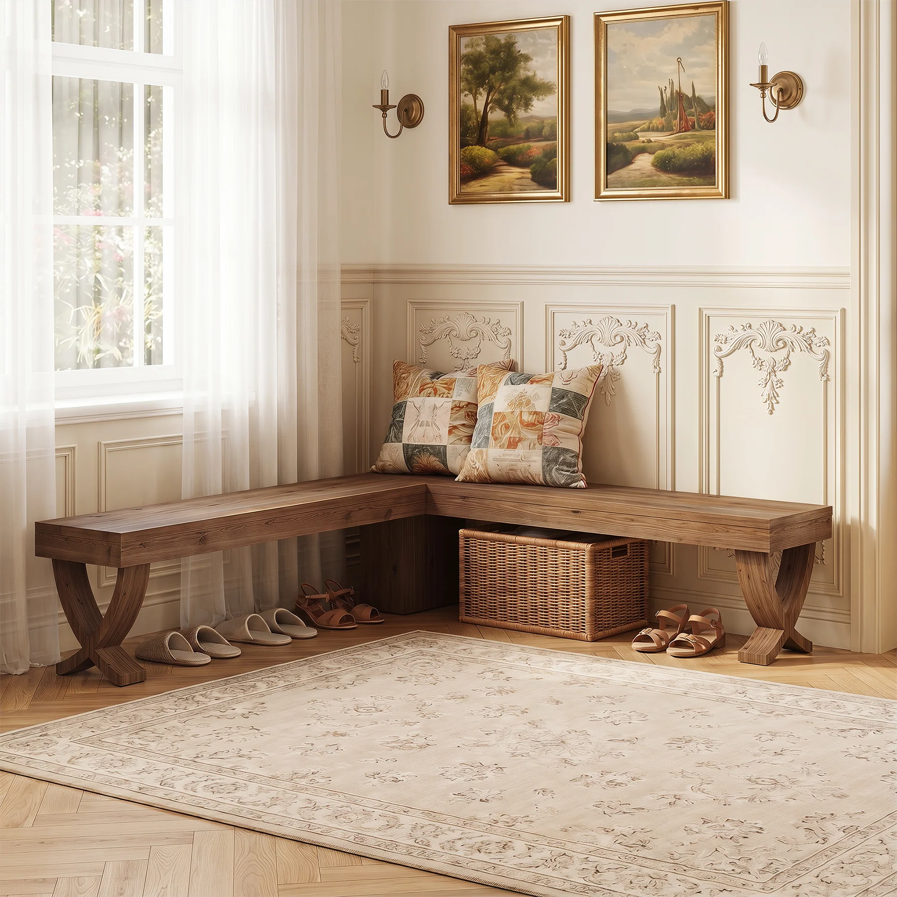 55" L-Shaped Corner Bench, Farmhouse Nook Dining Bench with X-Shaped Leg - Image 3