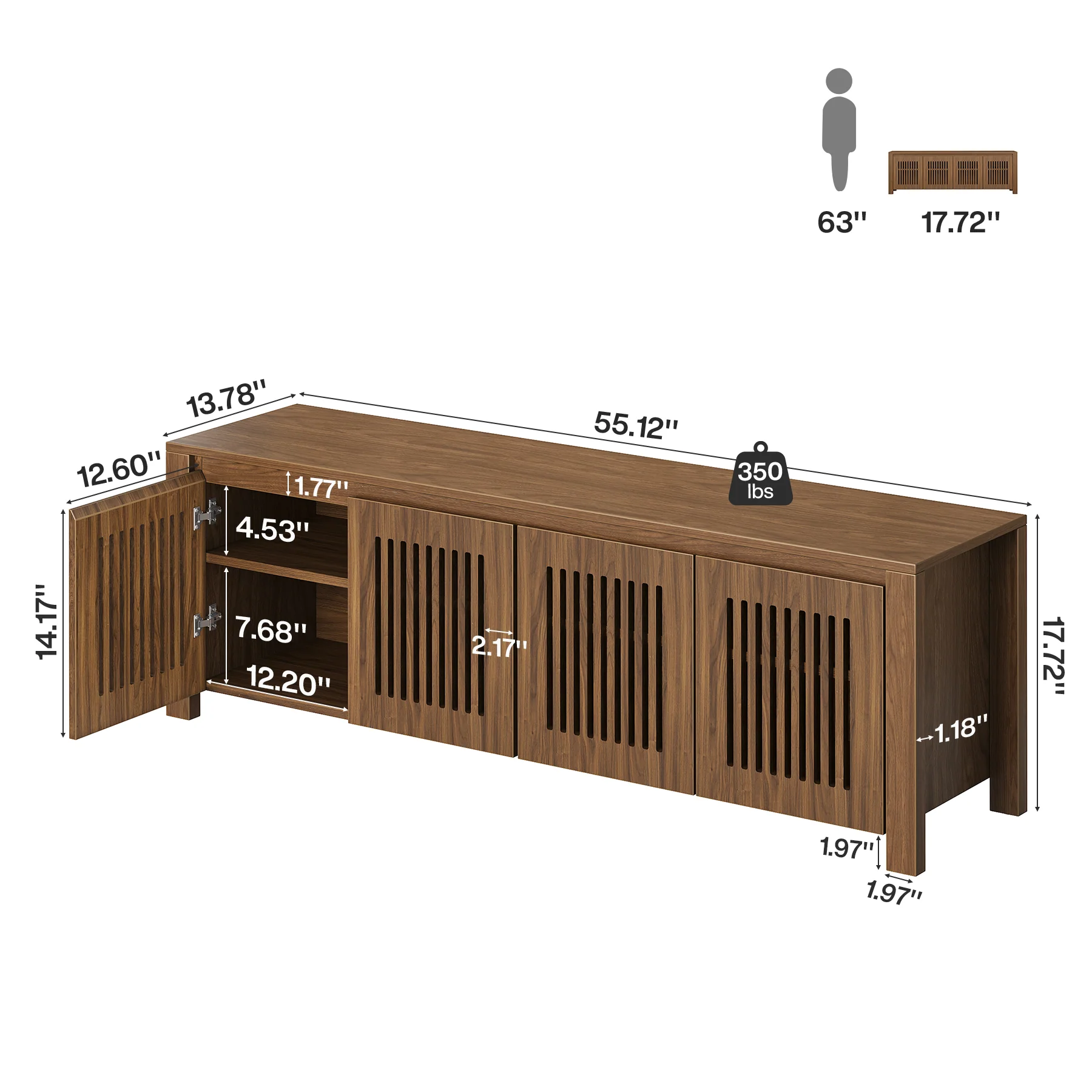55" Shoe Storage Bench, 2-Tier Mid-Century Modern Entryway Bench with Slatted Doors for Living Room - Image 2