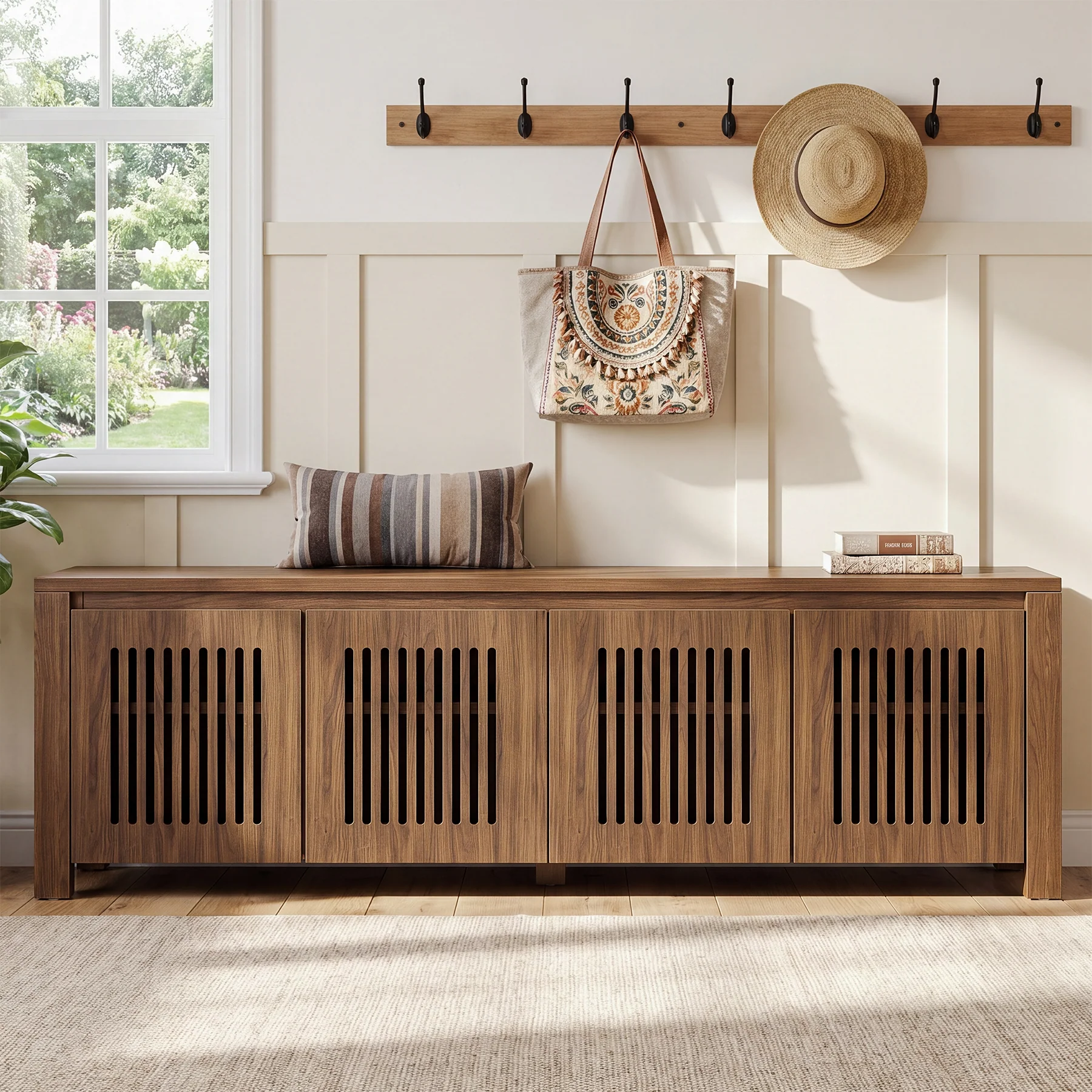 55" Shoe Storage Bench, 2-Tier Mid-Century Modern Entryway Bench with Slatted Doors for Living Room - Image 3