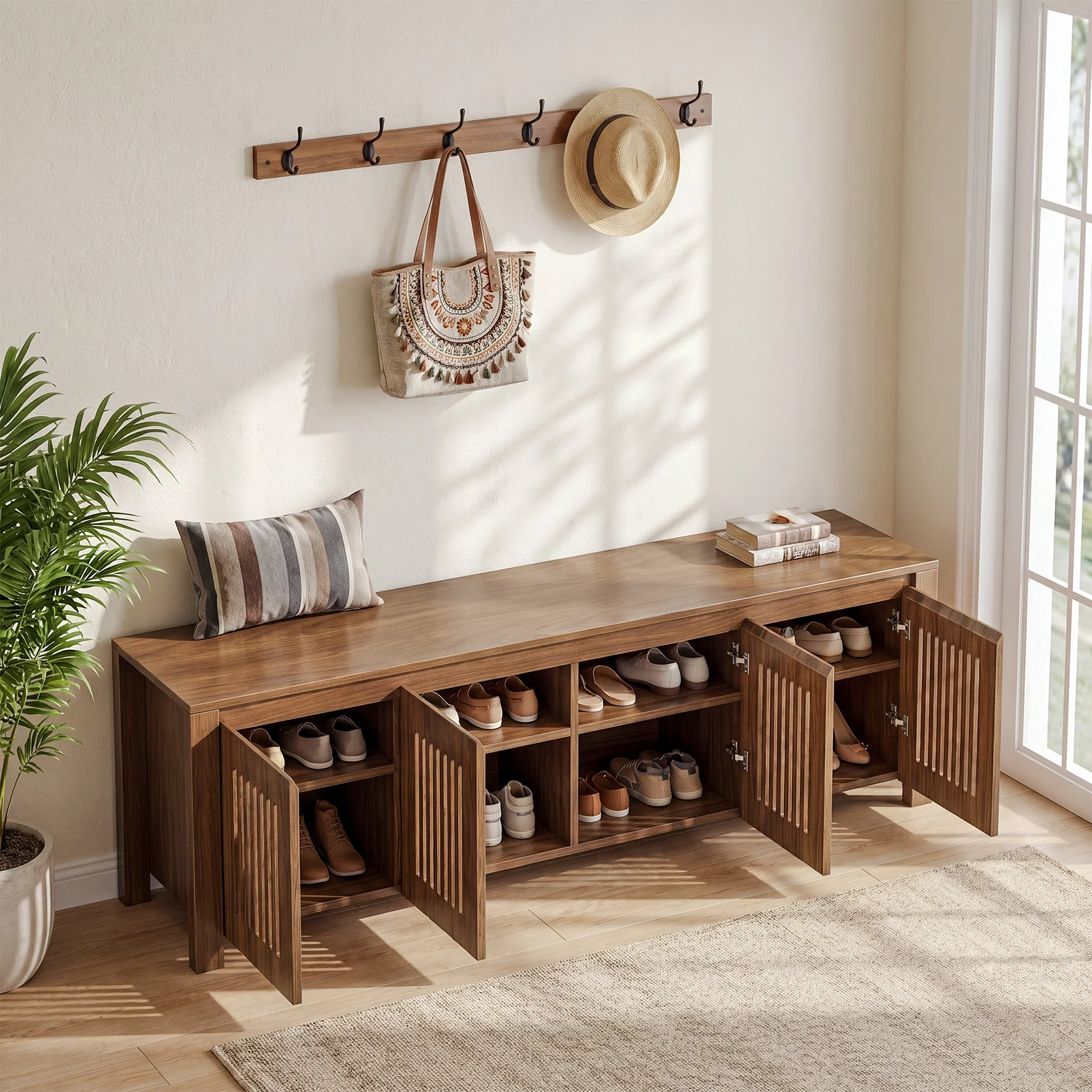 55" Shoe Storage Bench, 2-Tier Mid-Century Modern Entryway Bench with Slatted Doors for Living Room - Image 4