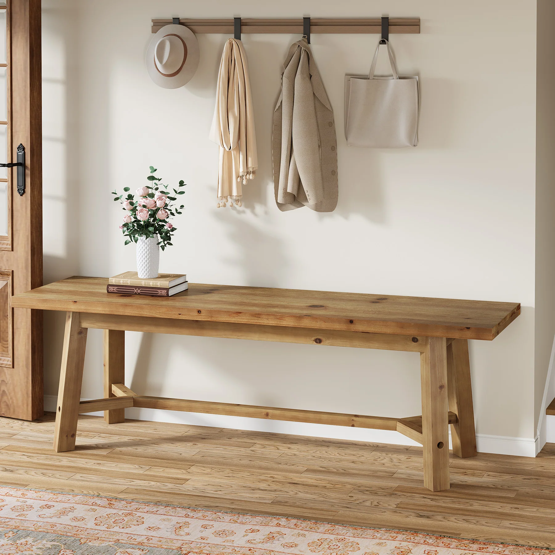 55" Solid Wood Bench, Farmhouse Long Bench Seat for Entryway - Image 4